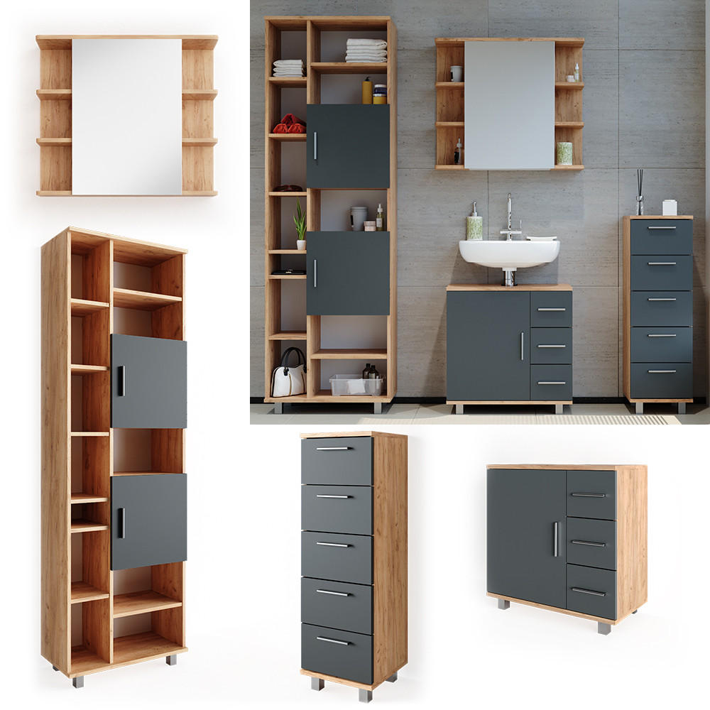 BADMÖBEL-SET Ilias Eiche 4 Teile - Eichefarben/Anthrazit, Holzwerkstoff (60/60/33cm) - Vicco