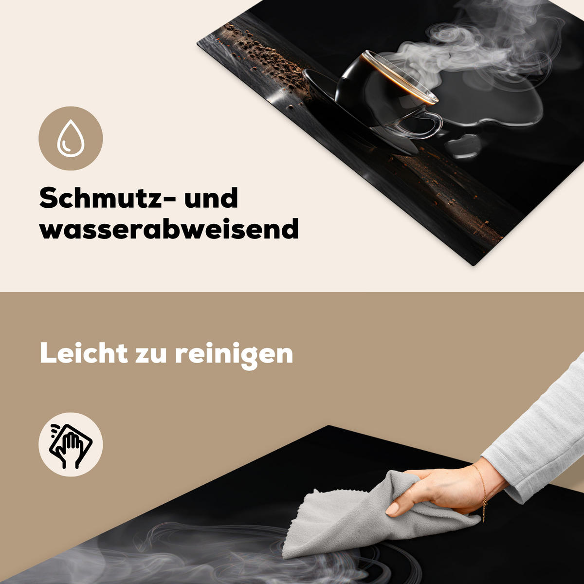 HERDABDECKPLATTE Kaffee - Schwarz - Bohnen - Heiß - Tasse Herdabdeckung Induktionsfeld 70x52 cm - Schwarz, Kunststoff (70/52/0.2cm) - MuchoWow