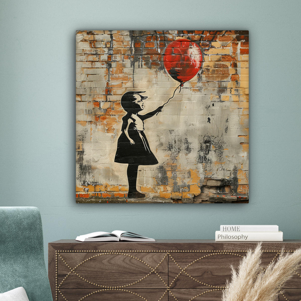 LEINWANDBILD Graffiti - Banksy - Mädchen - Straßenkunst 90x90 cm - Sandfarben, Textil (90/90cm) - MuchoWow