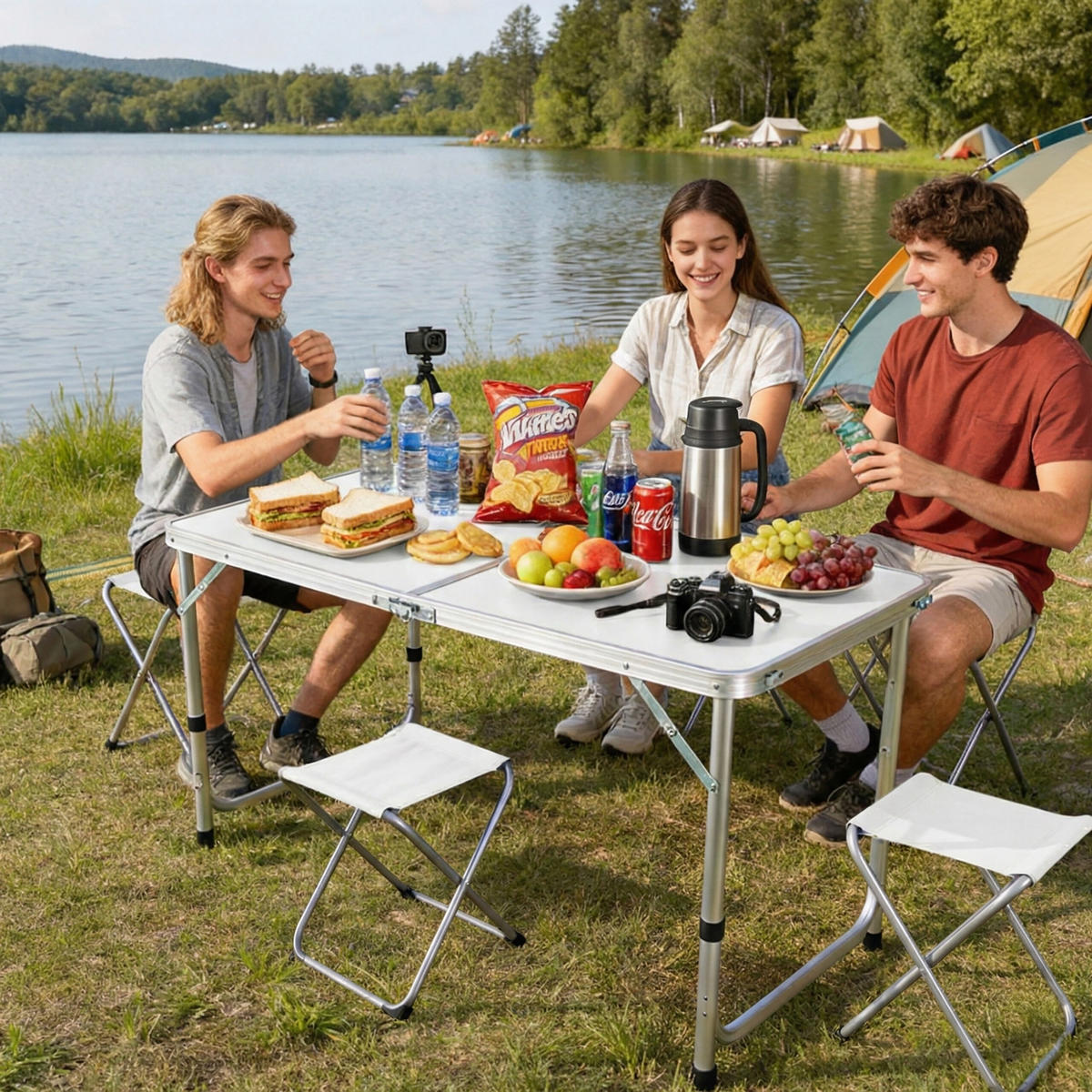 CAMPINGTISCH-SET - Weiß, Holzwerkstoff/Textil (60/120/71cm) - Relaxdays