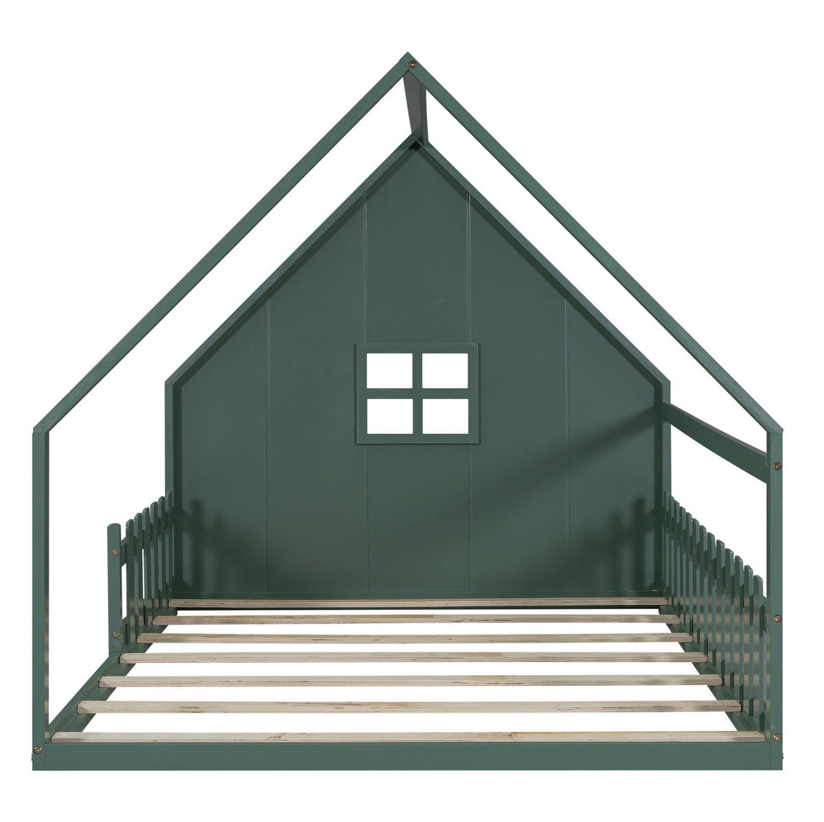 DJEČJI krevet 140/200 cm zeleni od borovine i MDF-a s kućastim okvirom i ogradom - zelena, drvo (140/200cm) - OKWISH