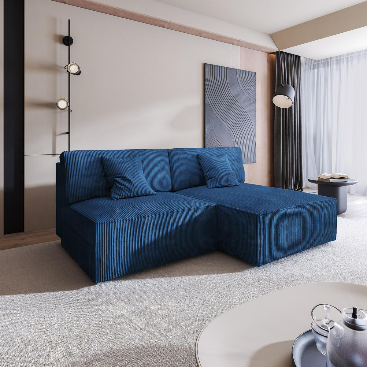 ECKSOFA FIORO P Blau Kordstoff mit Schlaffunktion - Blau/Grau, Holz/Kunststoff (204/148cm) - MASSENO
