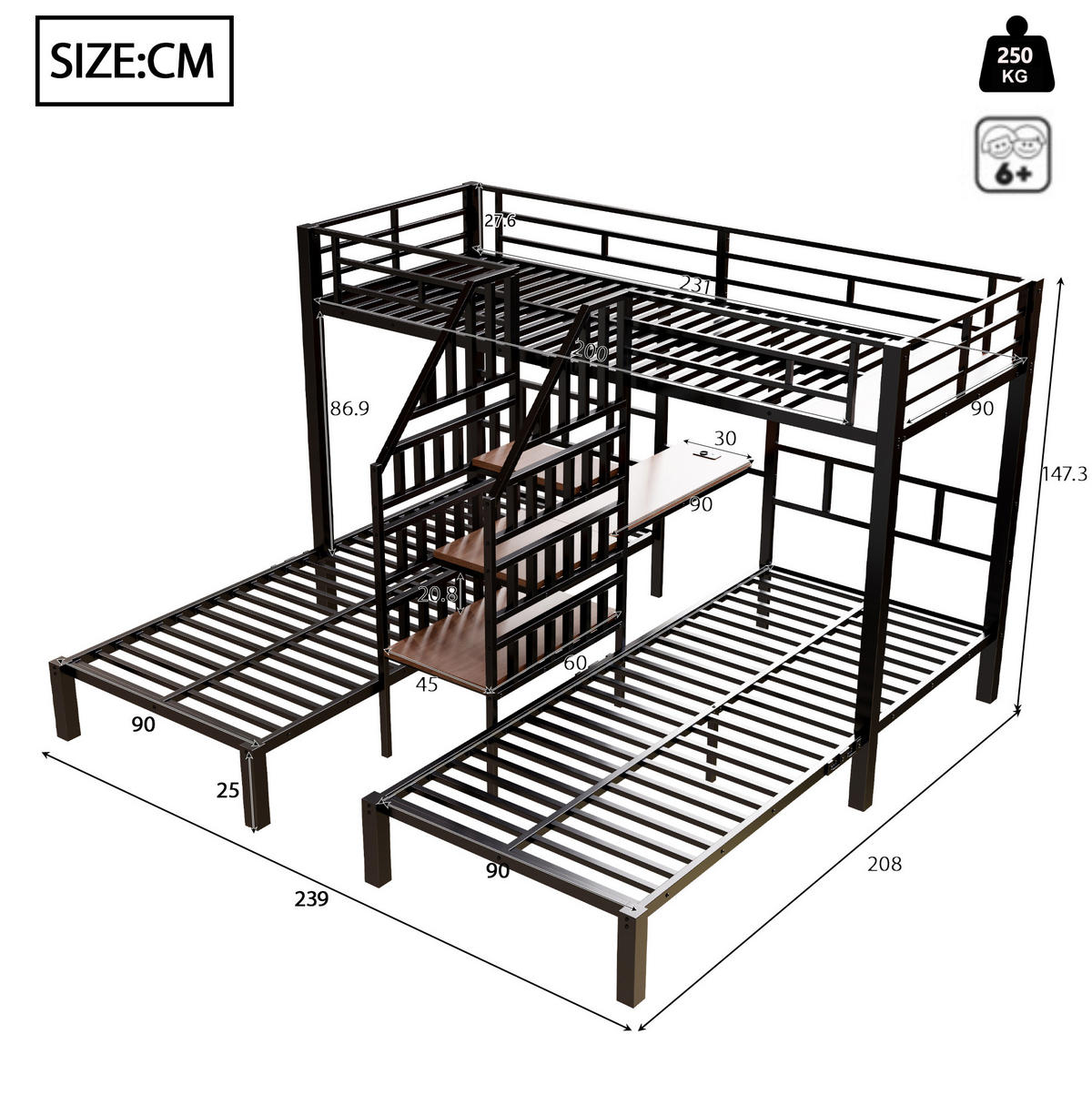 ETAGENBETT 90/200 cm mit LED-Beleuchtung, Schreibtisch, Stauraumtreppe, USB und Steckdose, Metall/MDF, Schwarz - Schwarz, Metall (90/200cm) - Redom