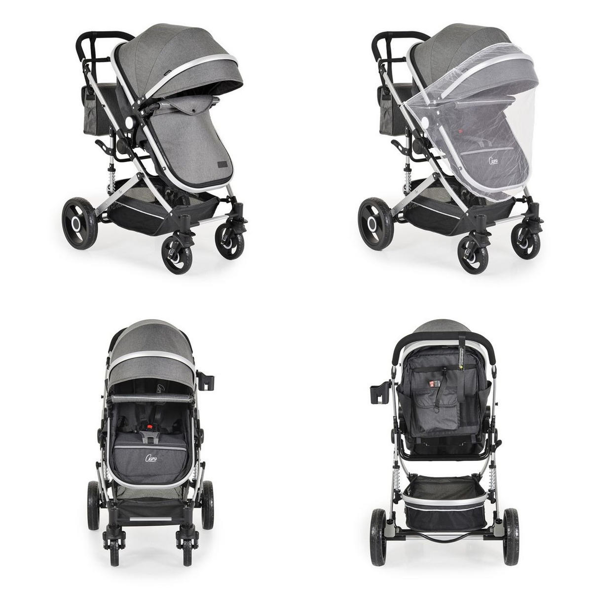 KINDERWAGEN Ciara grau schwarz Tragetasche Sportsitz Wickeltasche faltbar Sitz umkehrbar - Schwarz, Metall (94/63/103cm) - Moni