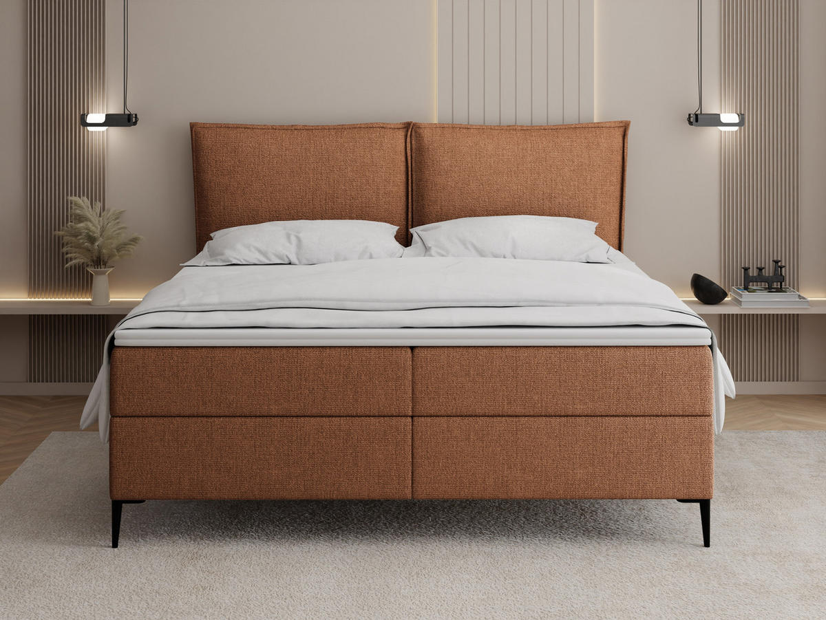 BOXBETT Calio Rise mit Bettkasten, Orange Chenille 120x200 cm – inkl. H4 Taschenfederkern Matratze & Foam Topper - Schwarz/Orange, Holz/Holzwerkstoff (120/200cm) - WFL GROUP