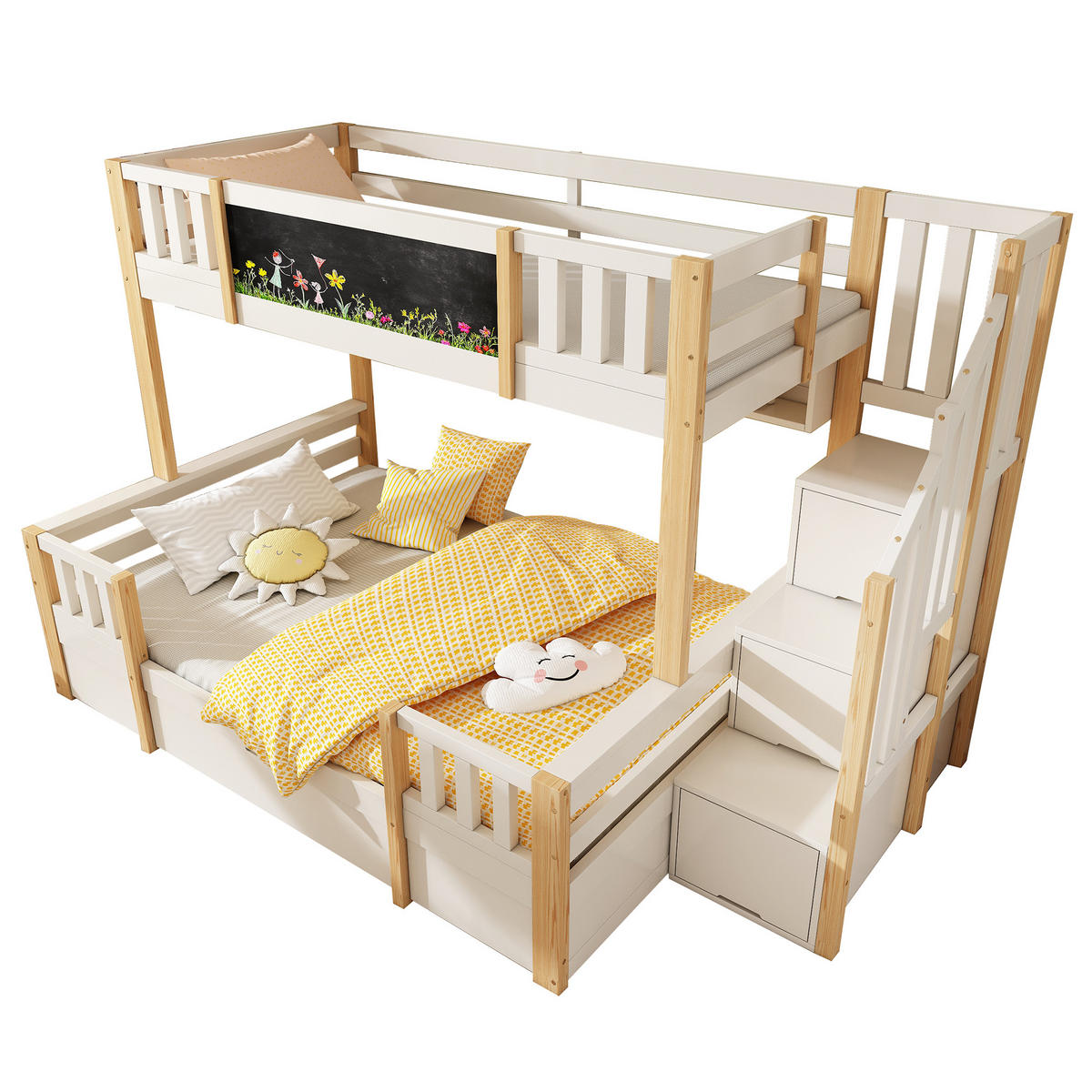 ETAGENBETT 90/200 cm Weiß aus Holz mit Kreidetafel und Stauraumtreppe - Weiß, Holzwerkstoff (90/200cm) - OKWISH