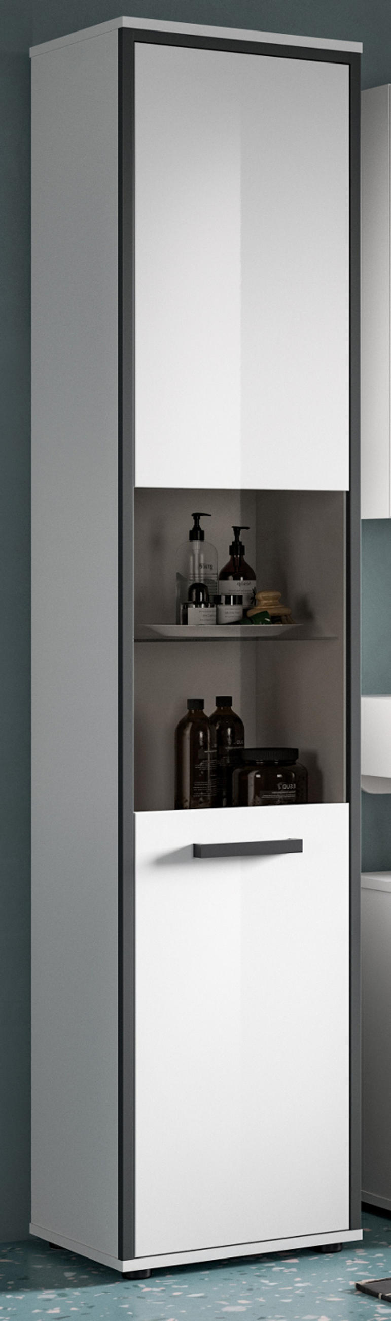 HOCHSCHRANK weiß Hochglanz, grau 40 cm, Badschrank, Türanschlag wechselbar - Weiß Hochglanz/Schwarz, Glas/Holzwerkstoff (40/188/34cm) - Inn.Furn