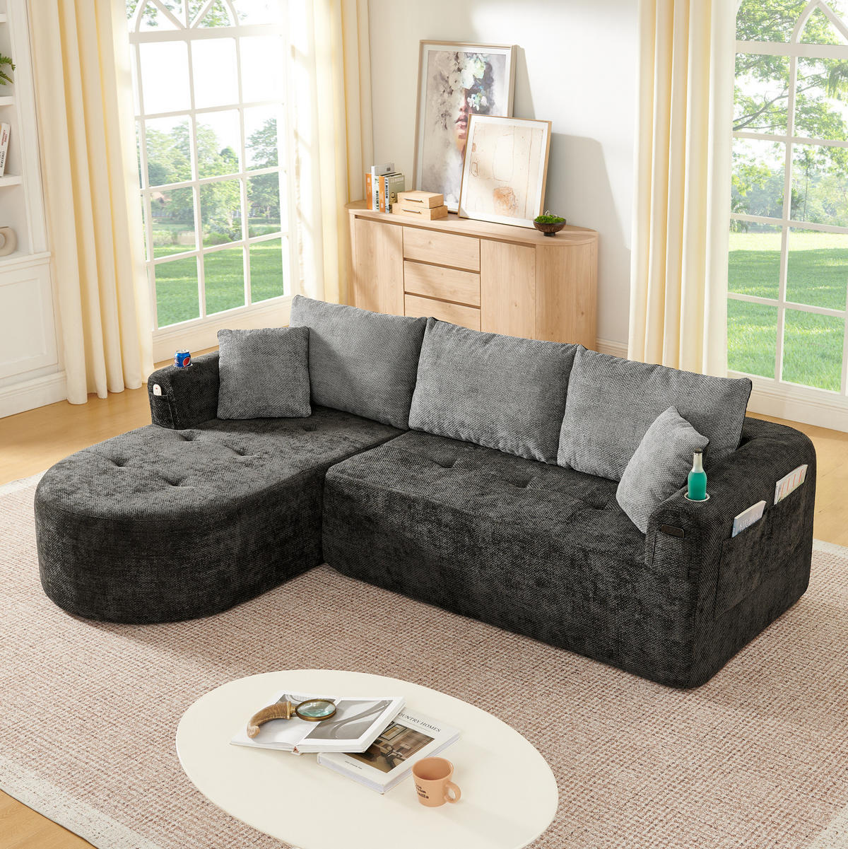 ECKSOFA L-Form Schwarz mit Becherhalter und Seitentaschen - Schwarz, Textil (170/255cm) - Meubliv