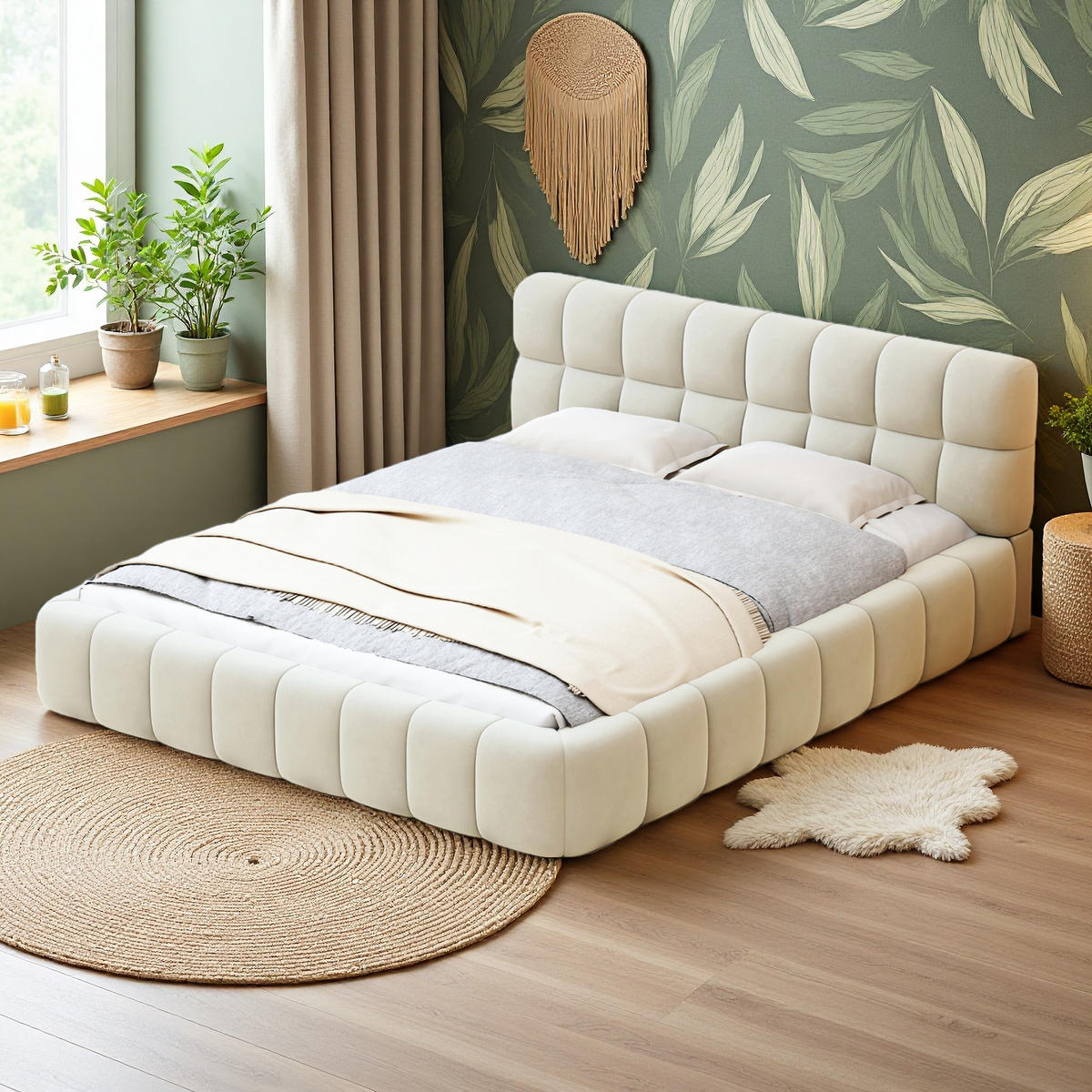 POLSTERBETT 140x190 cm Bubble Design Lattenrost Rückenlehne Leinen beige - Beige, Holz (140/190cm) - LEBENLANG