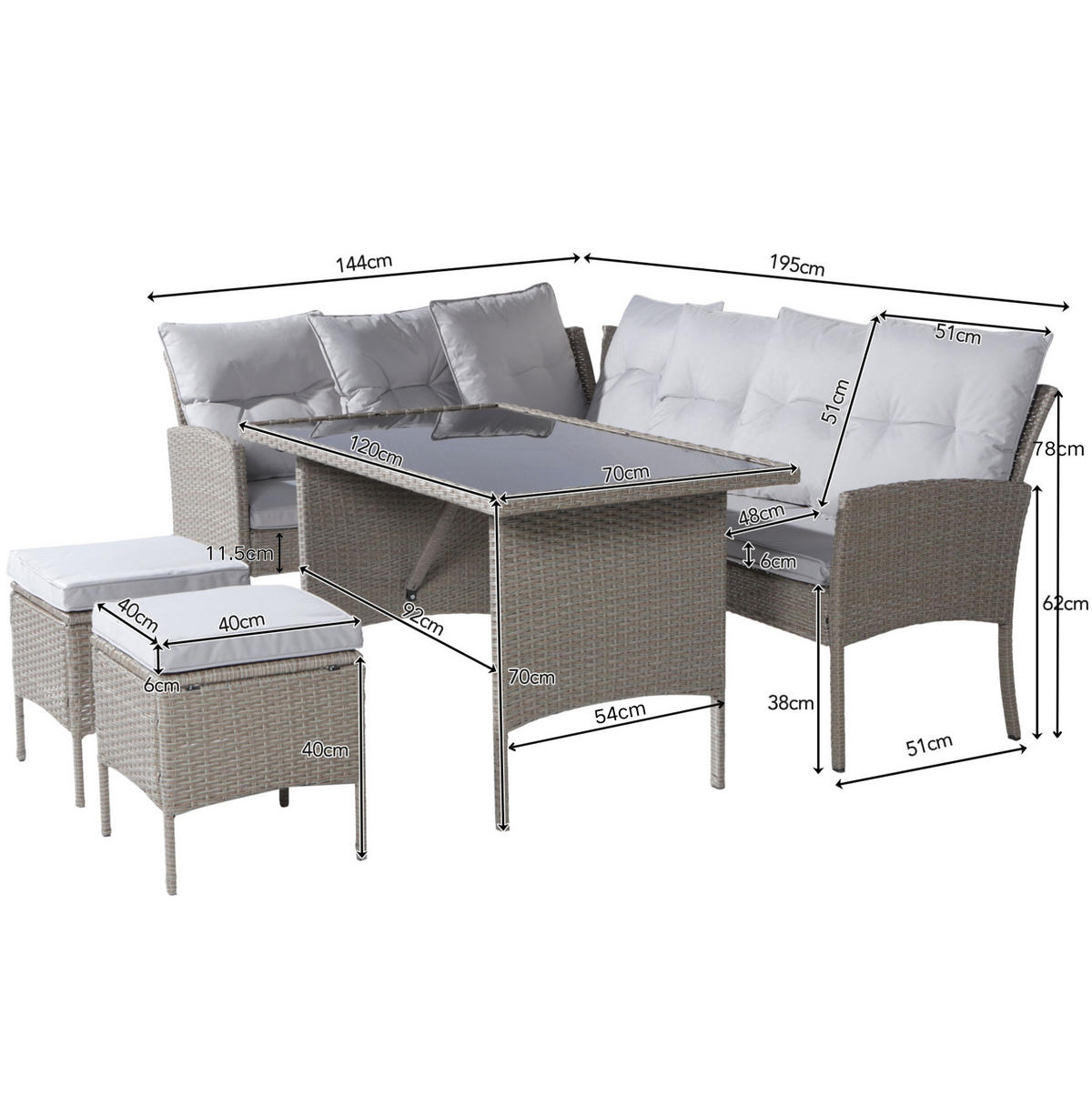 GARTENLOUNGE 195/51/78 cm khaki aus PE-Rattan mit Tisch, Hockern und waschbaren Kissen - Beige, Holzwerkstoff - OKWISH