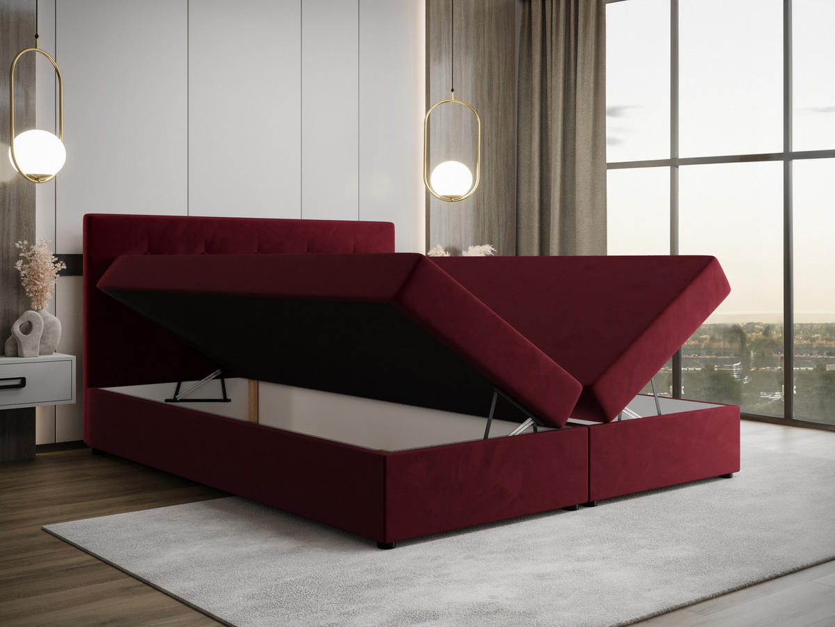 BOXBETT FADO 22 mit Matratze H3, Bonell und Topper 180x200 Itaka 34 - Rot, Holz/Textil (180/200cm) - Bedante