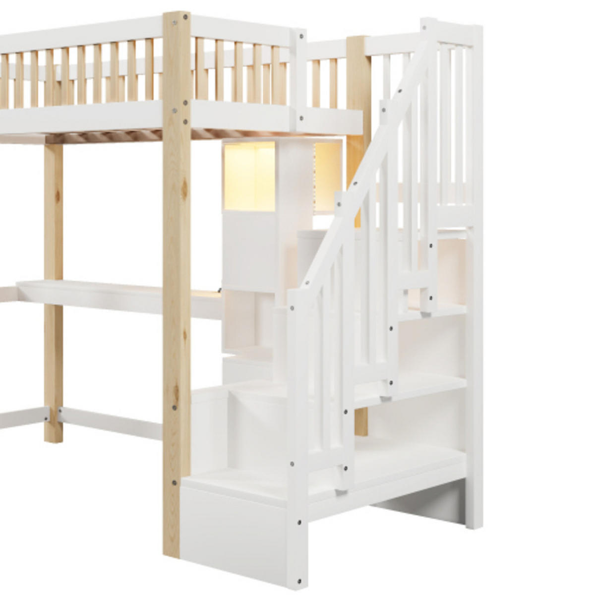 HOCHBETT 90 × 200 cm aus Kiefernholz mit Spielhaus-Unterbau, LED-Leiste und Stauraumleiter, weiß-natur - Weiß, Holz - Luhomfu