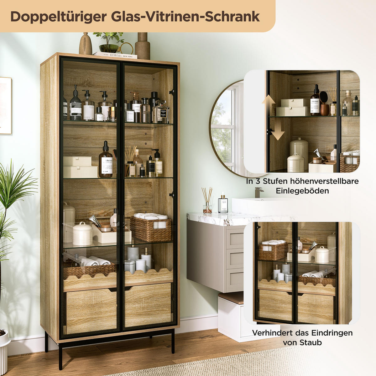 BUFFET mit Glastür und höhenverstellbaren Glasregalen mit Schublade Wellendekor - Transparent/Naturfarben, Glas/Holzwerkstoff (75/170.8/35cm) - EVRYAE