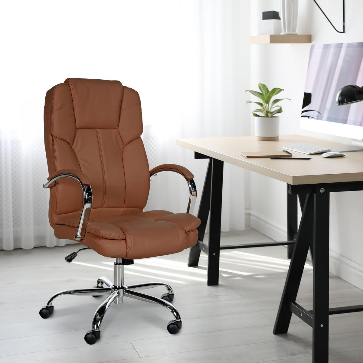CHEFSESSEL Lederlook Hellbraun - Chromfarben/Hellbraun, Textil/Metall (62/115/70cm) - CLP