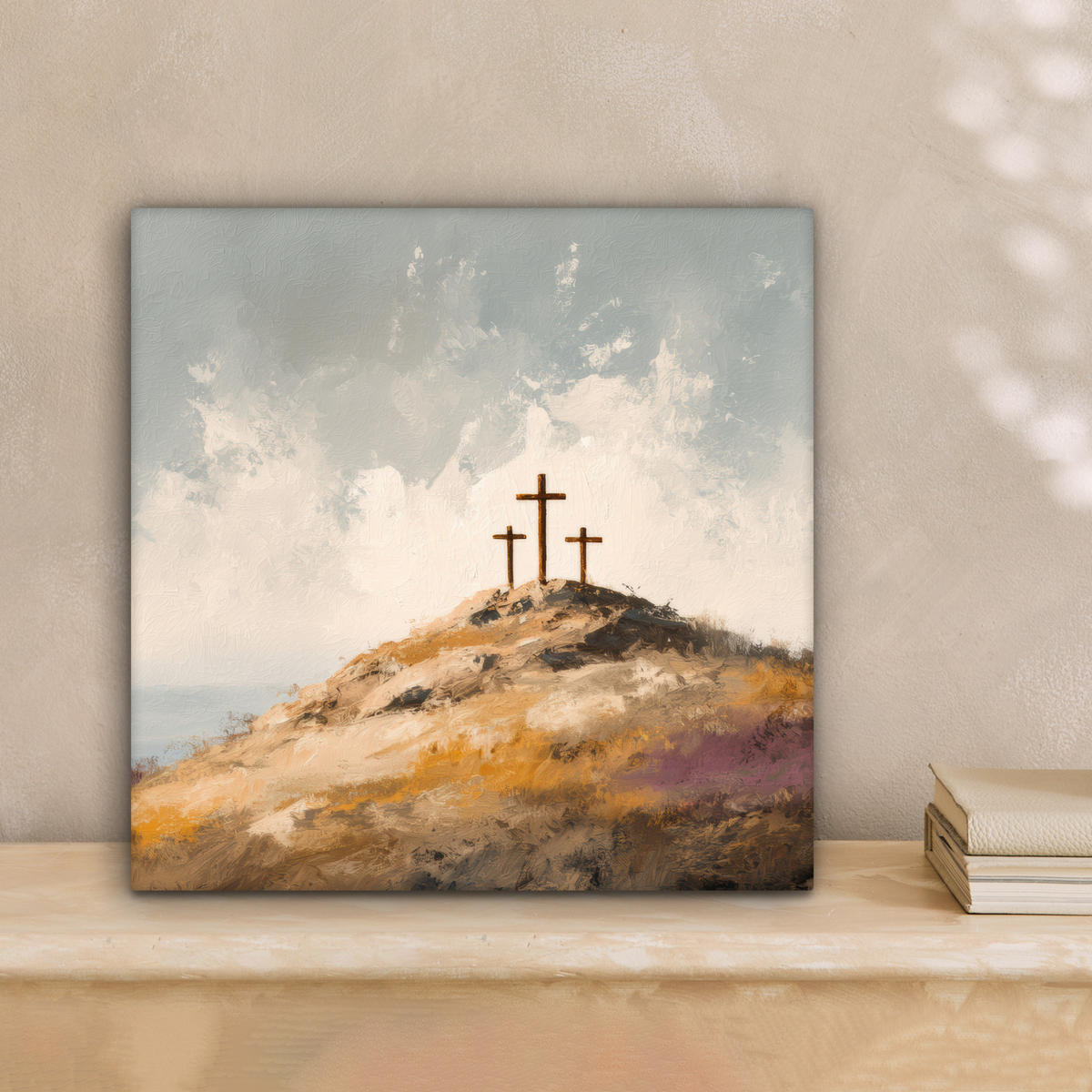 LEINWANDBILD Hügel - Abstrakt - Christentum - Kreuz Deko Wohnzimmer 20x20 cm - Hellgrau, Textil (20/20cm) - MuchoWow