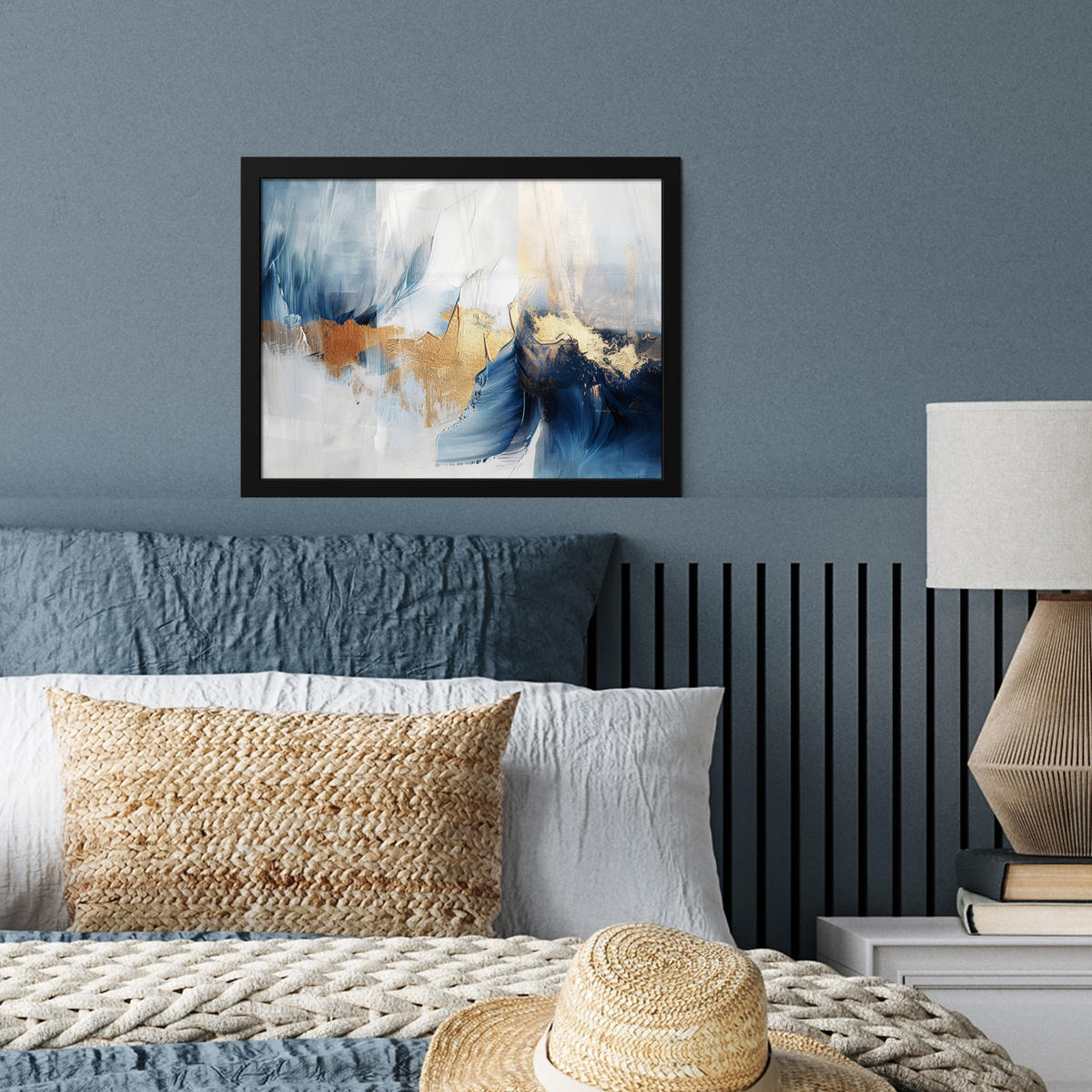 POSTER MIT RAHMEN Gold - Blau - Aquarell - Kunst - Modern 40x30 cm - Hellblau, Papier (40/30cm) - MuchoWow