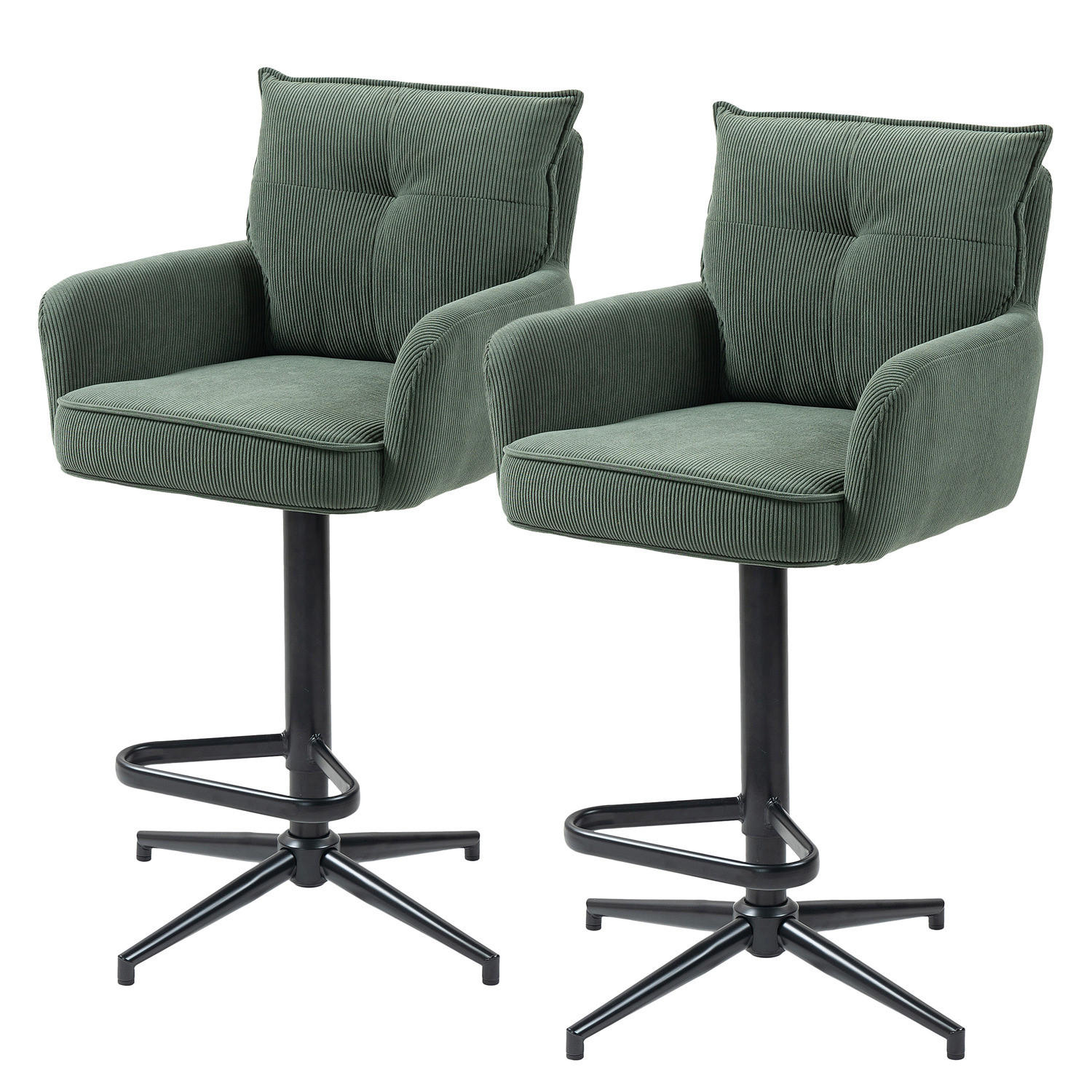 BARSTUHL - 2er-Set - Höhenverstellbar - Cord / Eisen - Dunkelgrün, Textil/Metall (54/100/58cm) - home24