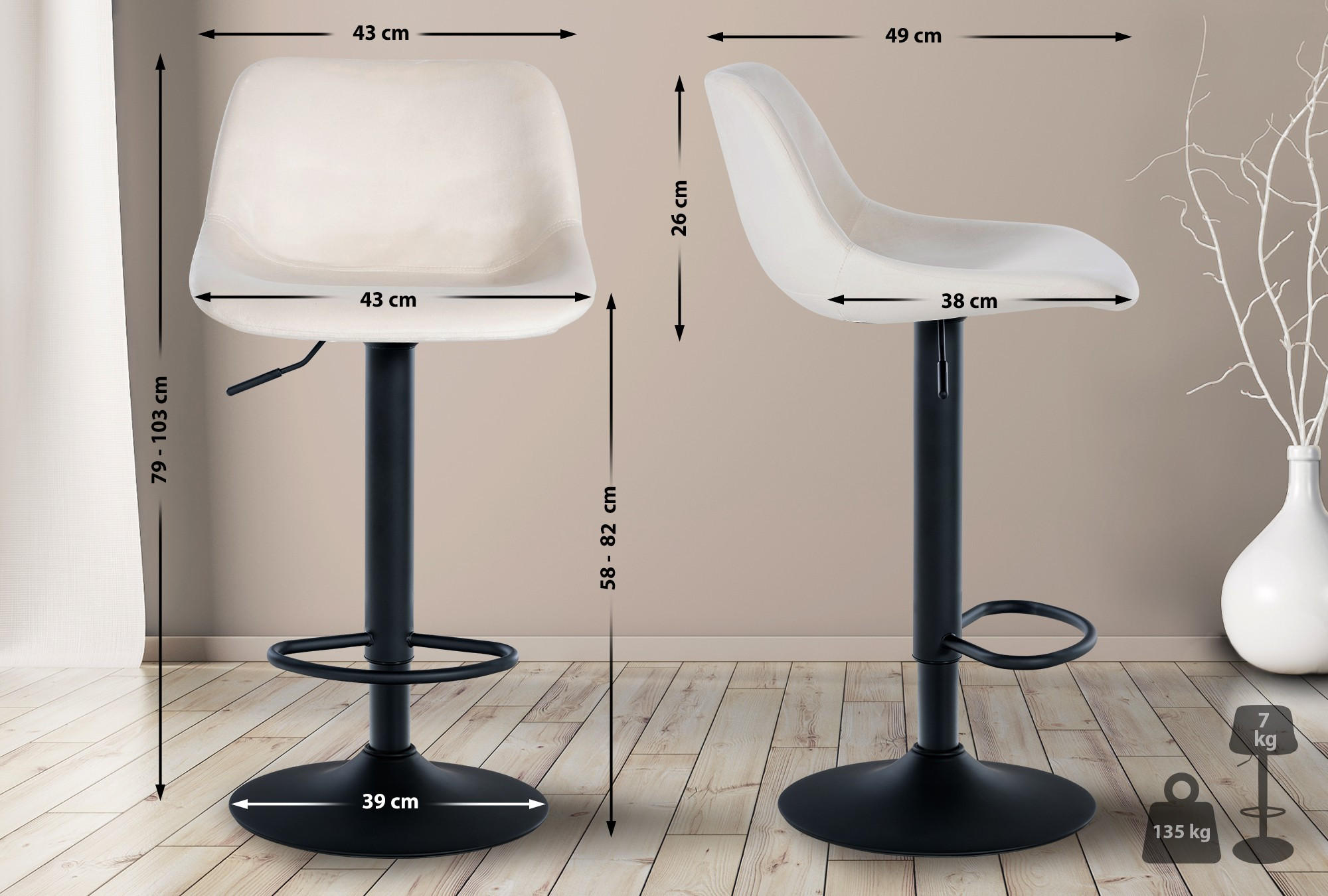 BARHOCKER 2er Set Samt creme - Creme/Schwarz, Textil/Metall (43/79/49cm) - CLP