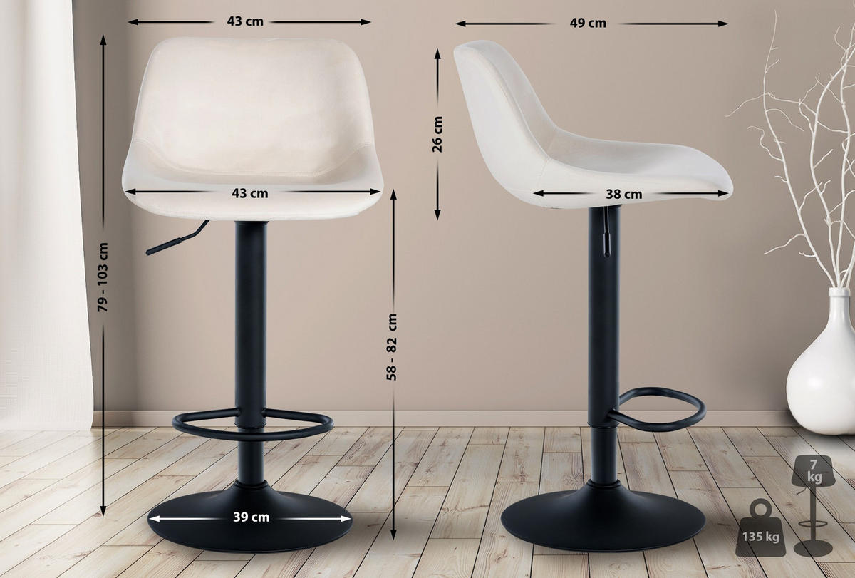 BARHOCKER 2er Set Samt creme - Creme/Schwarz, Textil/Metall (43/79/49cm) - CLP