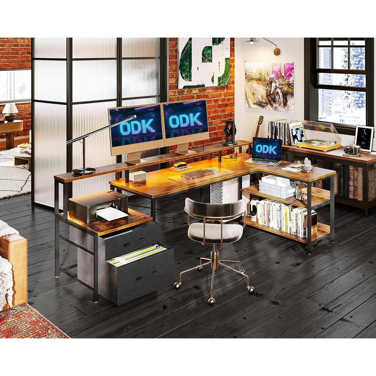 ECKSCHREIBTISCH L Form mit LED und Steckdosenleiste Vintage-Braun 189.3 x 100 cm - Braun, Holzwerkstoff (100/189.3/88.7cm)