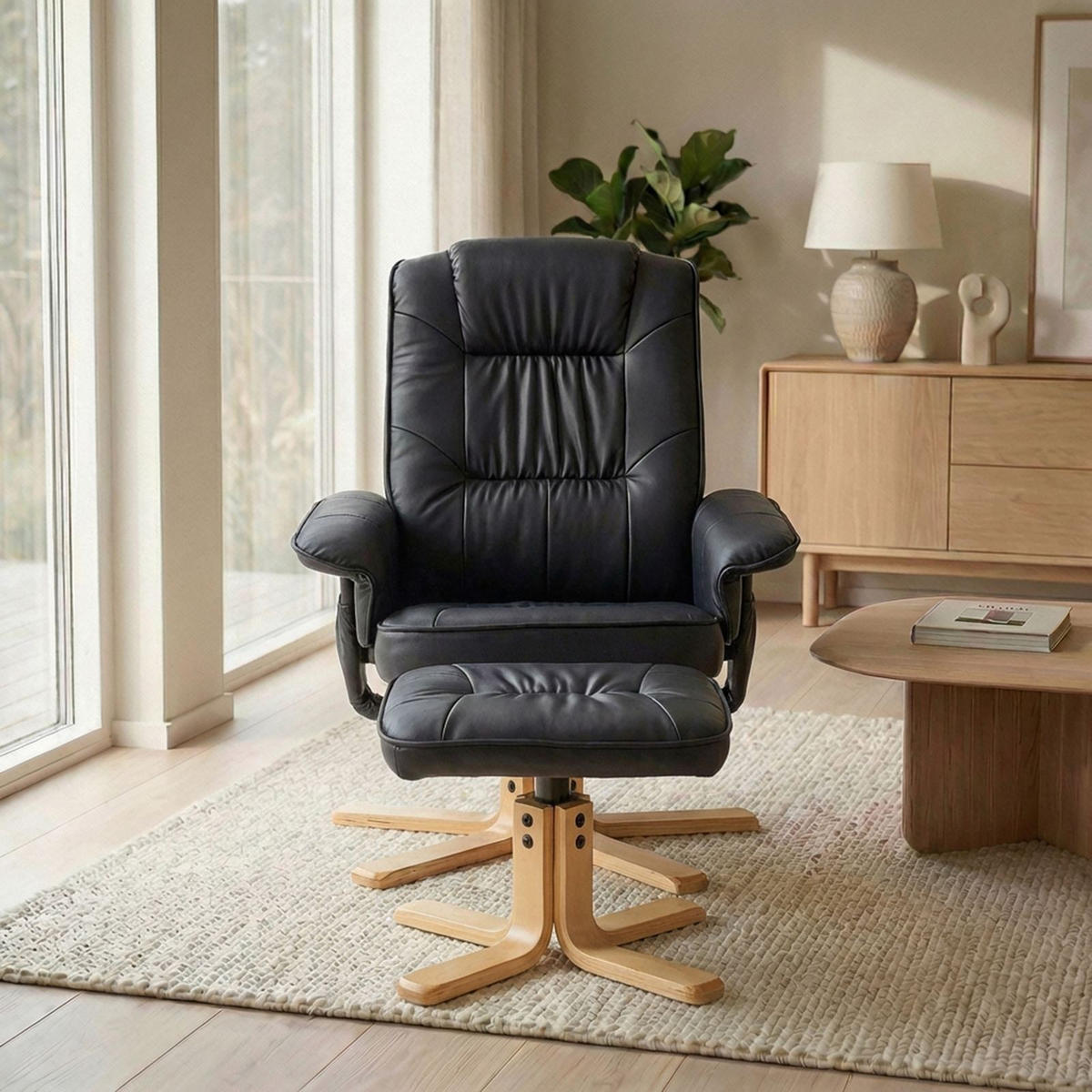 RELAXSESSEL KUNSTLEDER, SET MIT HOCKER CHARLY - Schwarz, Textil (76/87/61cm) - IDIMEX