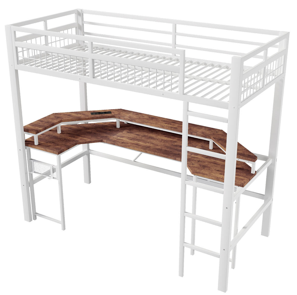 HOCHBETT 90/200 cm aus Metall/MDF mit Schreibtisch und LED-Lichtleiste Weiß - Weiß, Metall (90/200cm) - Modenvie