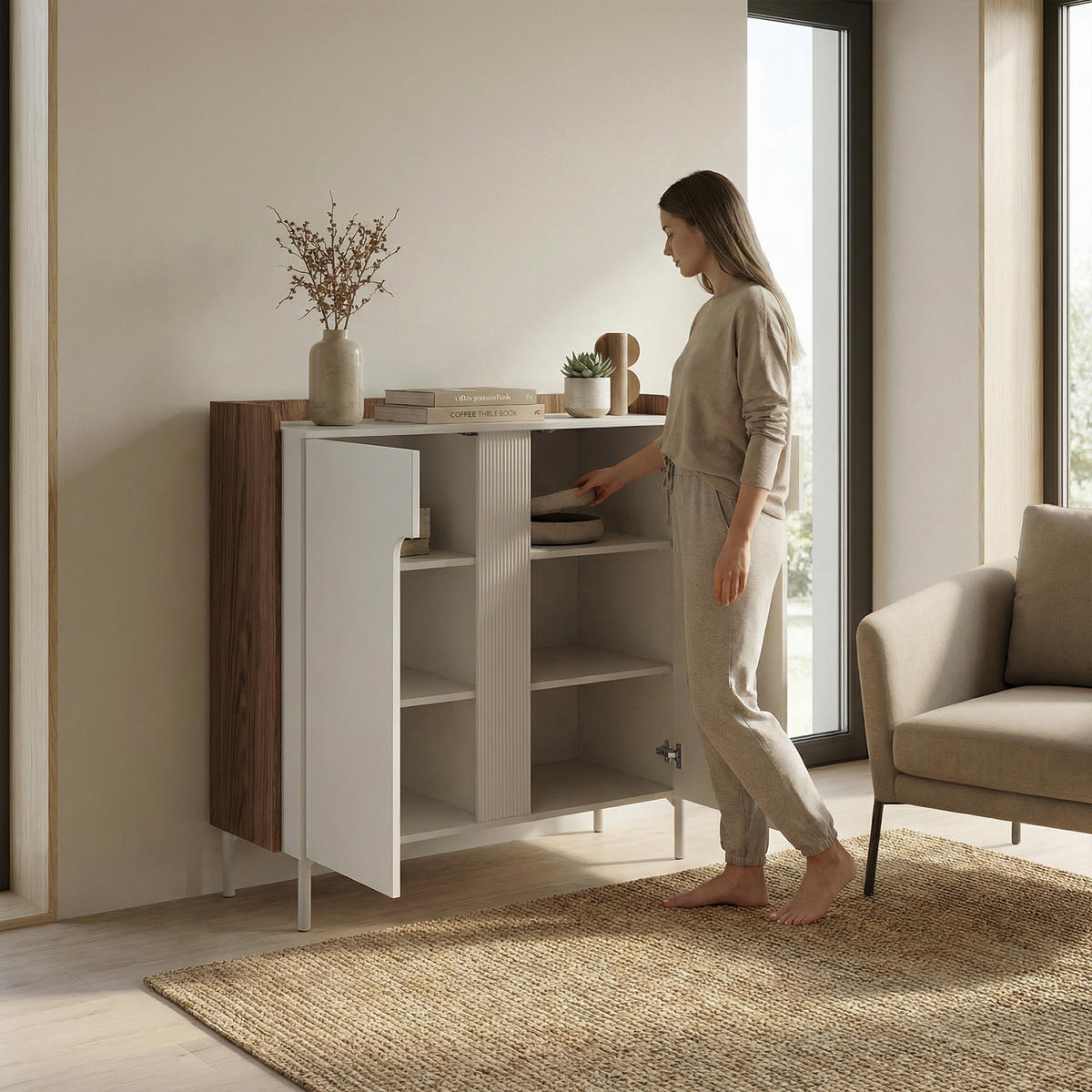 KOMMODE Positivo, Hochkommode mit 2 Türen, 103 cm, Alba-Nuss + Kaschmir - Nussbaumfarben, Holzwerkstoff (103/110/42cm) - Beautysofa