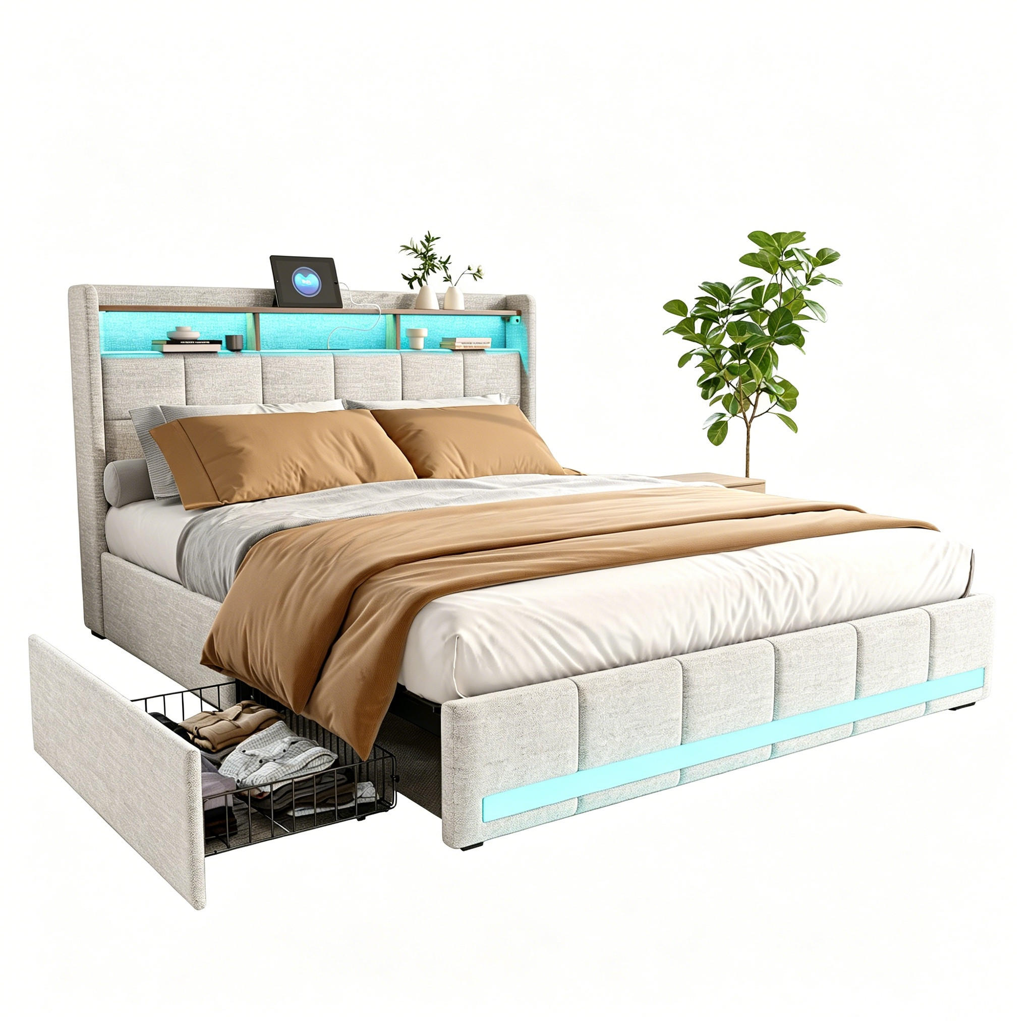 DOPPELBETT,POLSTERBETT 160x200 mit Schubladen und LED&Ladefunktion,Beige - Beige, Holz/Textil (160/200cm) - PARAFTA HOME