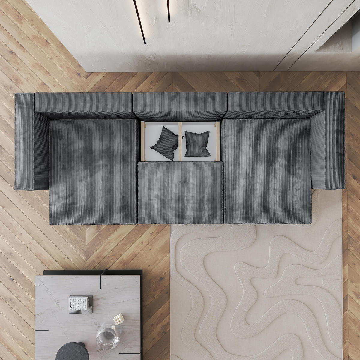 WOHNLANDSCHAFT SARMO P Grau Kordstoff mit Schlaffunktion - Grau, Holz (347/70/148cm) - MASSENO