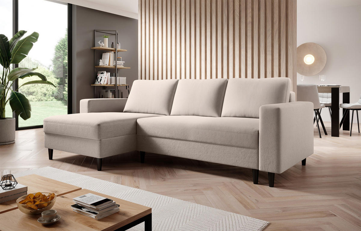 ECKSOFA Nalika Cremeweiß Velours - Creme/Schwarz, Holz/Textil (230/143cm) - Selsey