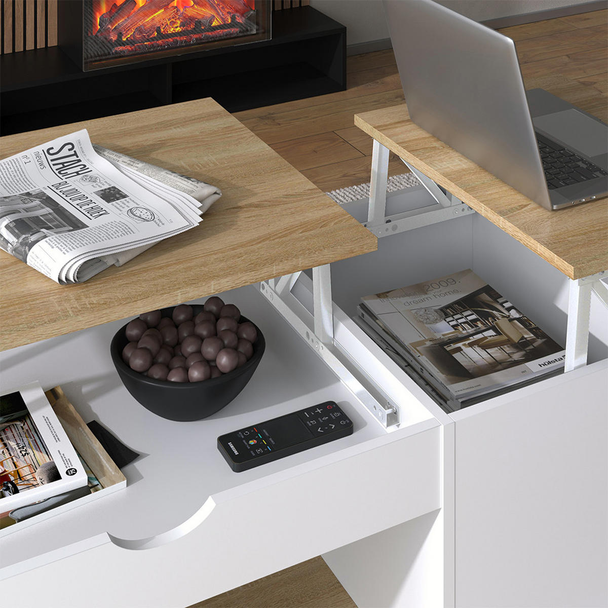 COUCHTISCH Avela Weiß/Sonoma 55 x 110 cm - Weiß, Holzwerkstoff (110/55/54cm) - Vicco