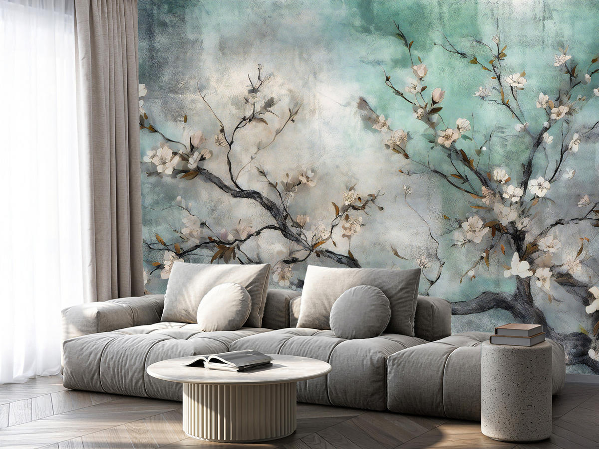 FOTOTAPETE für Schlafzimmer Abstrakte Kirschblüten Beton Pflanzen 200x140 - Beige/Braun, Papier (200/140cm) - Muralo