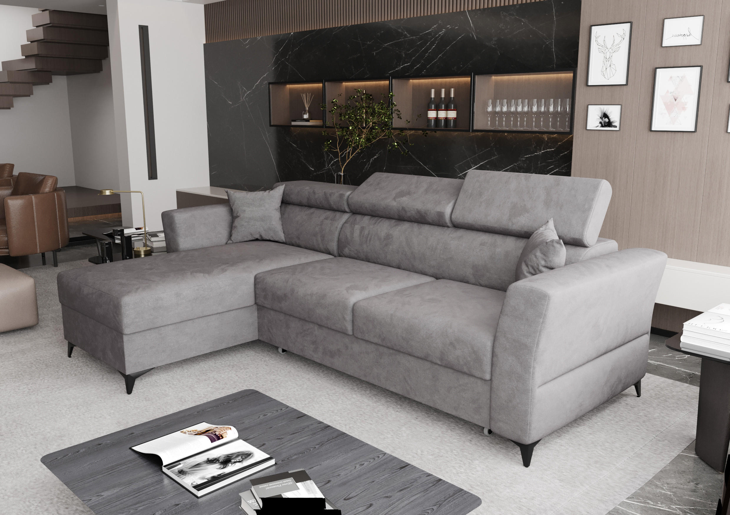ECKSOFA L Form Ribella Grau 265/180/100 cm Links mit Schlaffunktion - Hellgrau/Schwarz, Textil/Metall (180/265cm) - AX Living