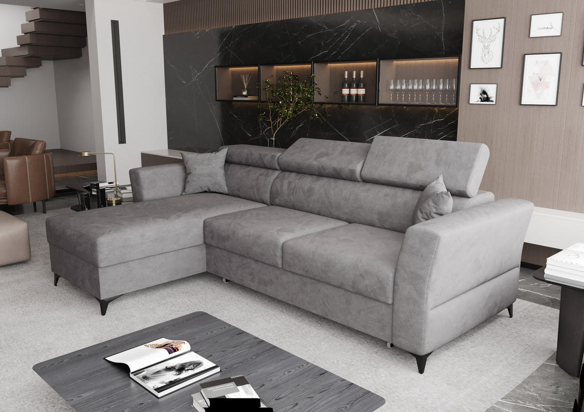 ECKSOFA L Form Ribella Grau 265/180/100 cm Links mit Schlaffunktion - Hellgrau/Schwarz, Textil/Metall (180/265cm) - AX Living