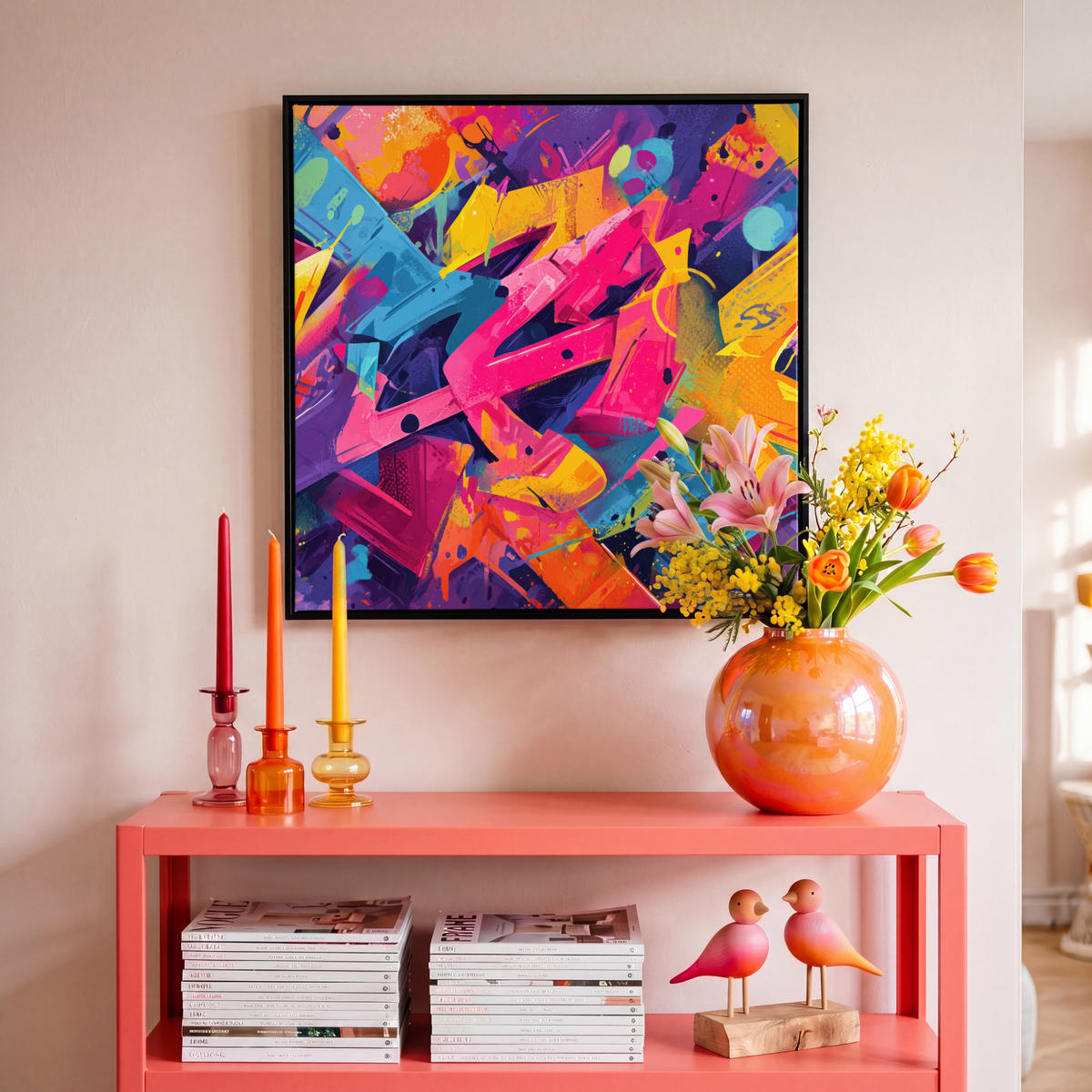 LEINWAND Bilder mit Rahmen - Abstrakt - Formen - Farbenfroh - 50x50 - Magenta, Textil (50/50cm) - MuchoWow