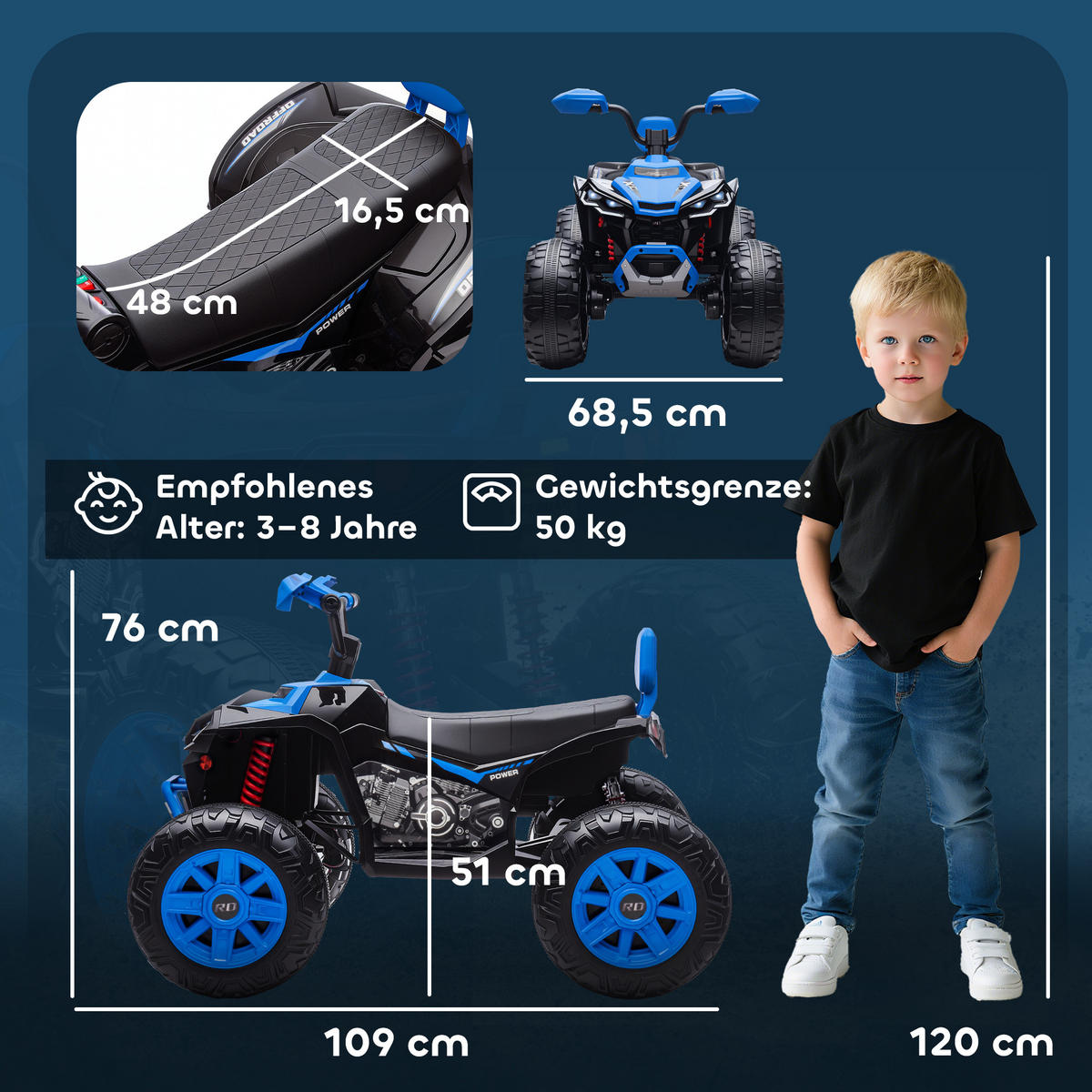KINDER-ELEKTROQUAD 24V mit Vorwärts-, Rückwärtsfunktion, 2 Sitzer, Blau - Blau, Kunststoff (109/68.5/76cm) - AIYAPLAY