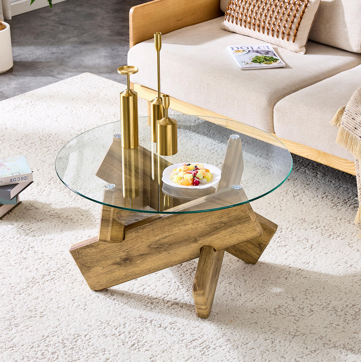 COUCHTISCH 79/45 cm aus MDF und Glas mit Kreuzgestell in Holzoptik - Klar, Holzwerkstoff (79/79/45cm) - Flora Grace