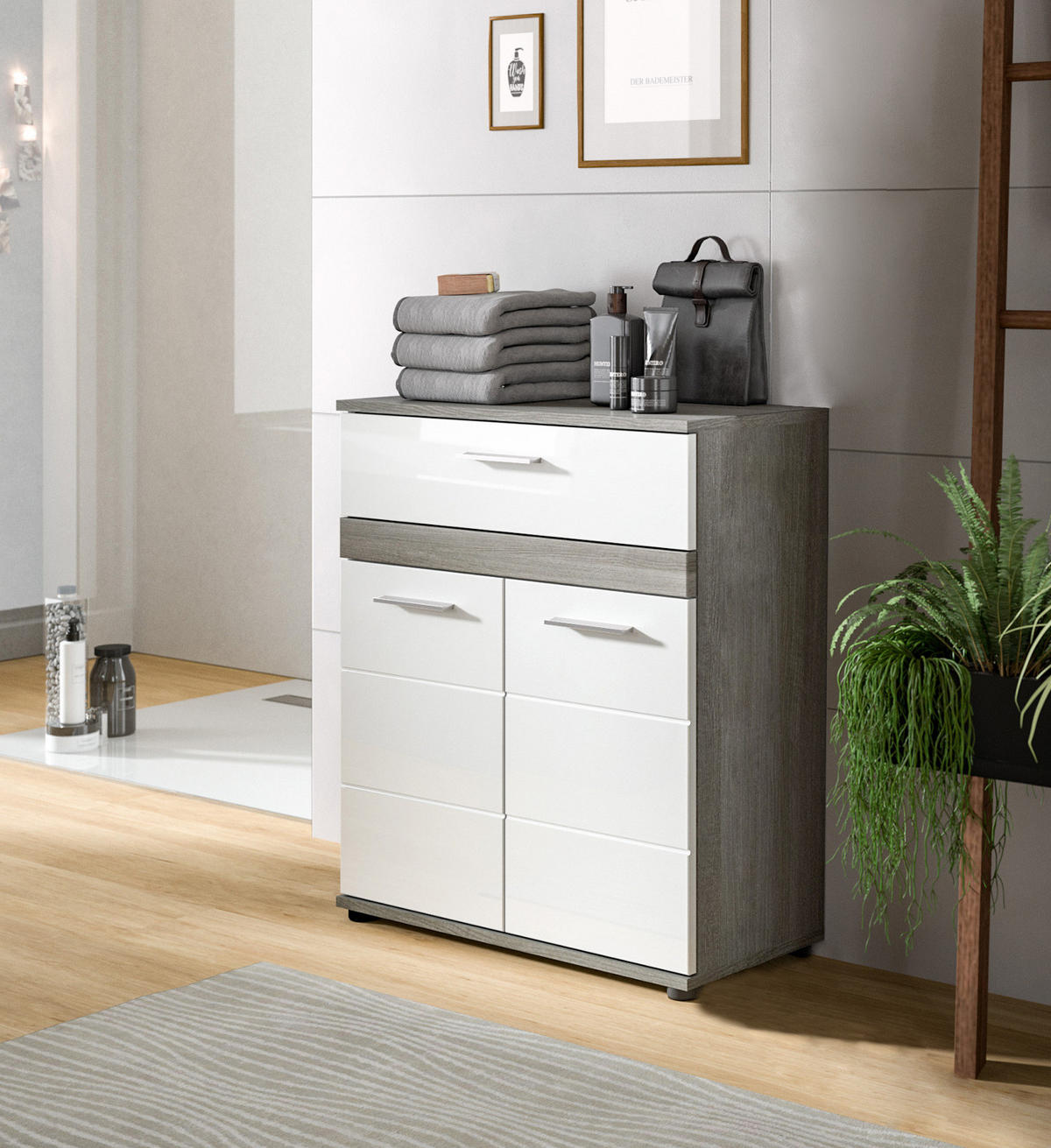 BADKOMMODE weiß Hochglanz, grau 71 cm, Badschrank mit Rillenoptik - Chromfarben/Weiß Hochglanz, Holzwerkstoff/Kunststoff (71/79/31cm) - Inn.Furn