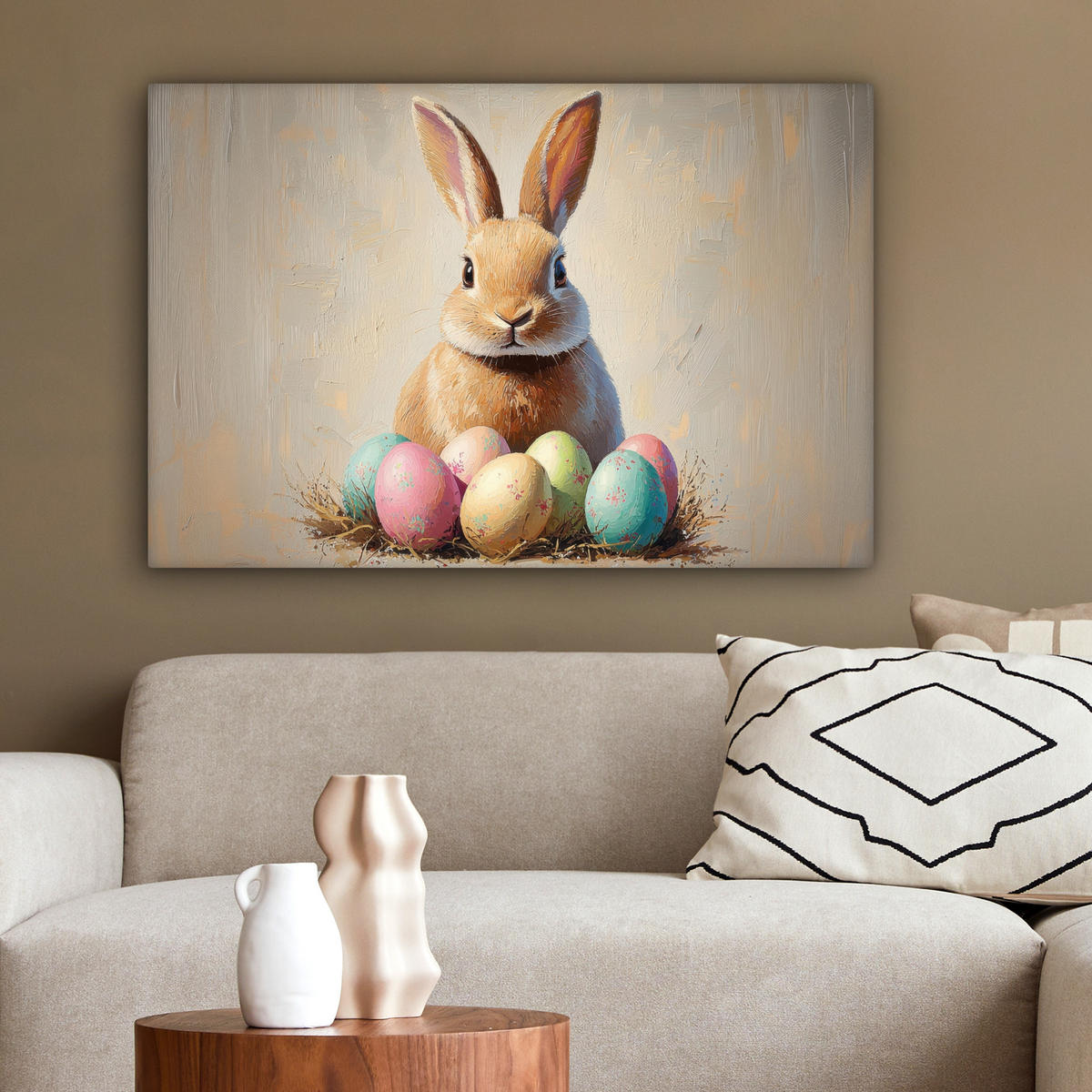 LEINWANDBILD Osterhase - Pastell - Eier Gemälde 60x40 cm - Beige, Textil (60/40cm) - MuchoWow