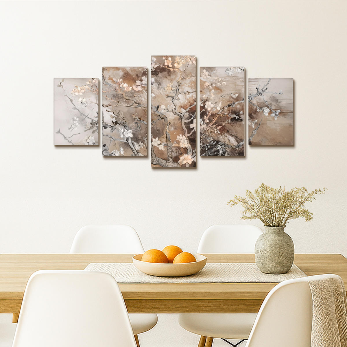LEINWANDBILD 5er Set Mandelblüte - Abstrakt - Beige 100x50 cm - Beige, Textil (100/50cm) - MuchoWow