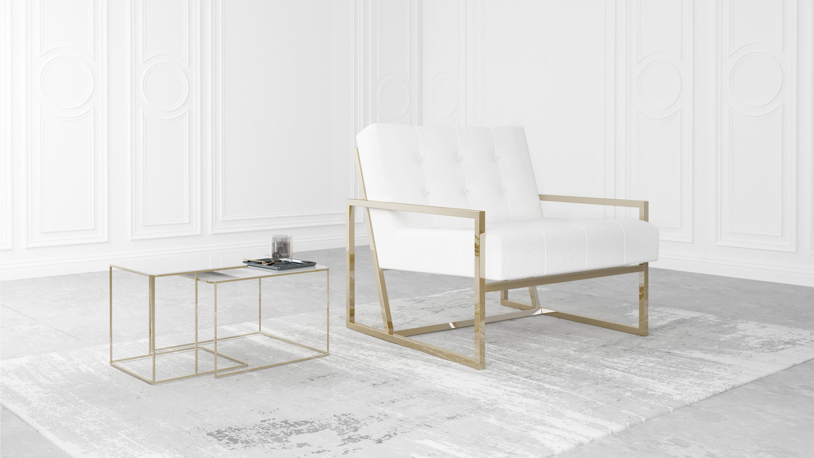 Thumbnail - S-Style Möbel Loungesessel, Weiß, Gold, Textil, Echtholz,Buche, Birke, 1-Sitzer, Füllung: Polyetherschaumkern, 84x81x89 ...