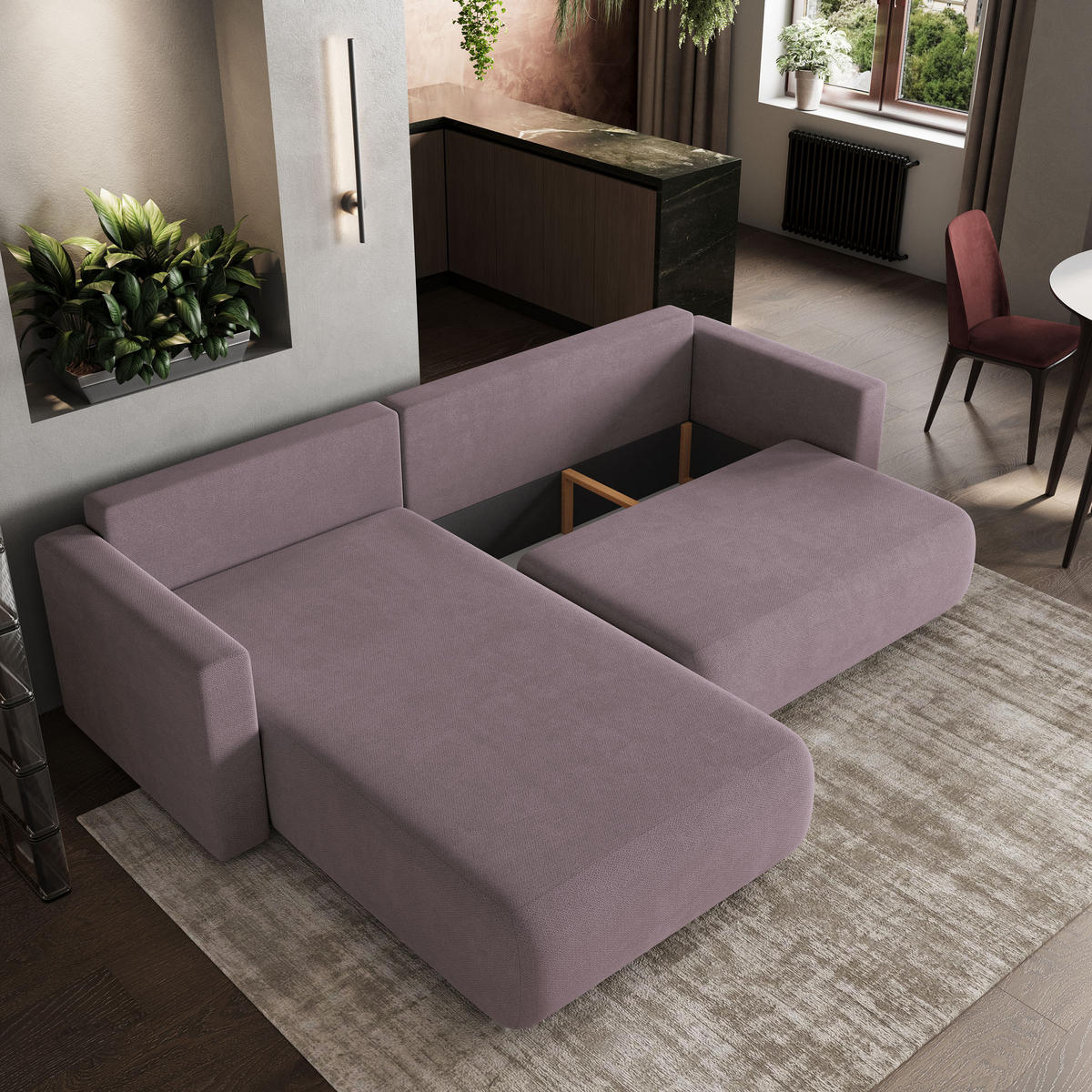 ECKSOFA TURIN Rosa Geflochtener Stoff mit Schlaffunktion - Rosa, Holz (265/183cm) - MASSENO