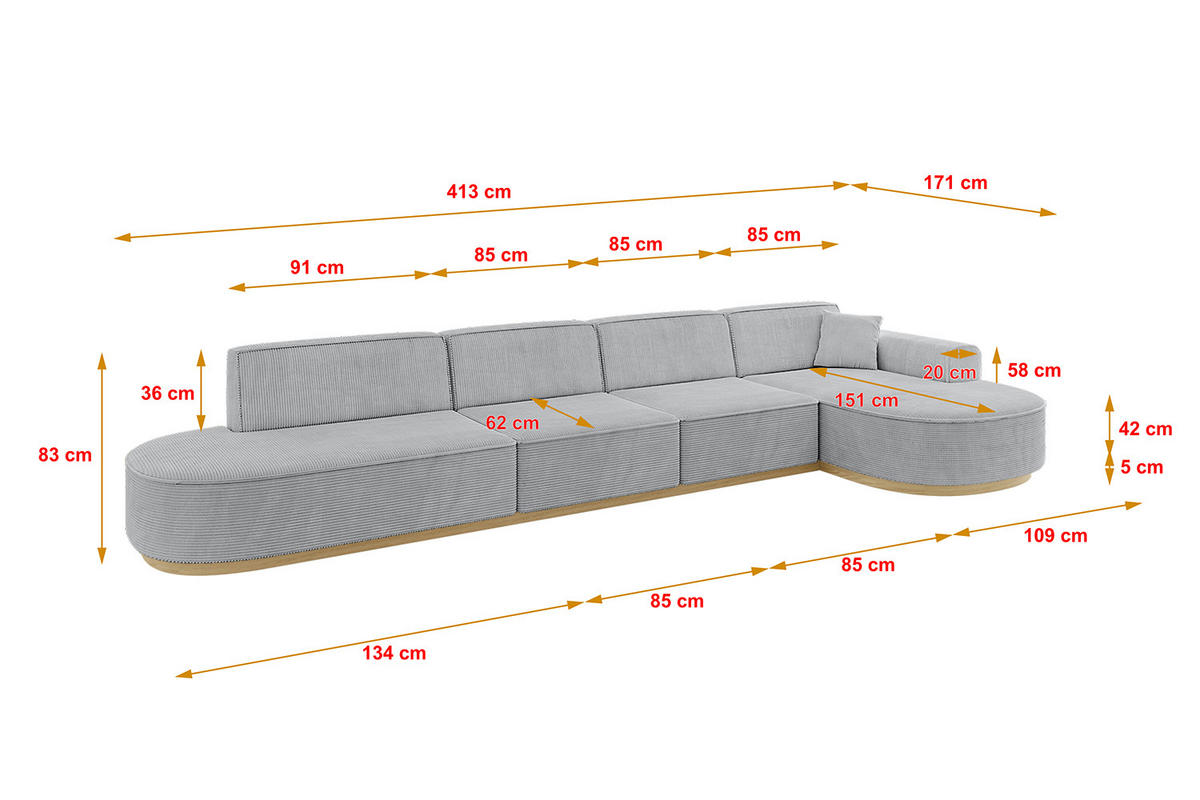 ECKSOFA Ottomane Rechts MARI-L3-v2 - 413x171x83 cm Grau Cord - Grau, Holzwerkstoff/Textil (171/413cm) - ALTDECOR