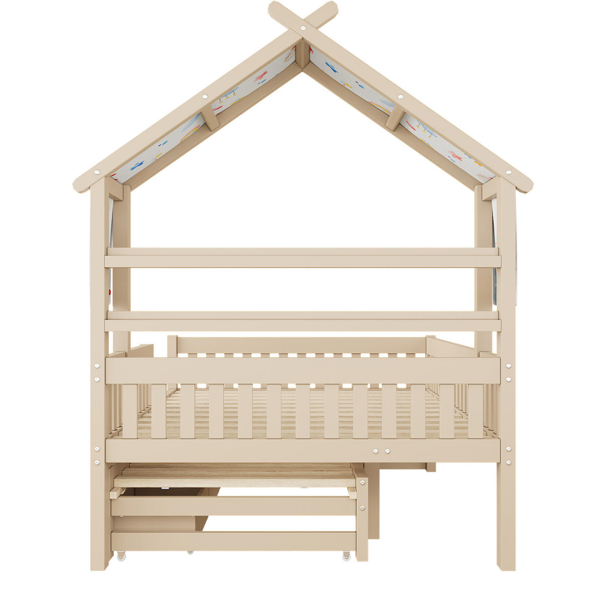 HAUSBETT 140x200 cm in Creme mit Ausziehbett, 3 Schubladen und Schutzgitter - Creme, Holzwerkstoff (140/200cm) - IVMEU