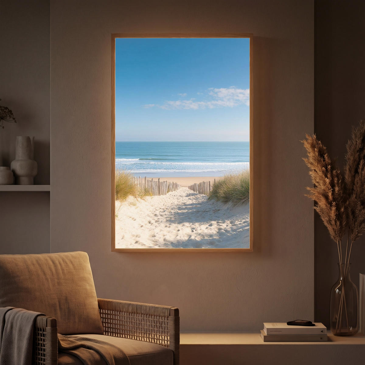 NÁSTĚNNÁ LAMPA S AKUMULÁTOREM Pláž - moře - duny - písek - léto 60x90 cm - písková barva, kompozitní dřevo (60/90/8cm) - OnlyWow