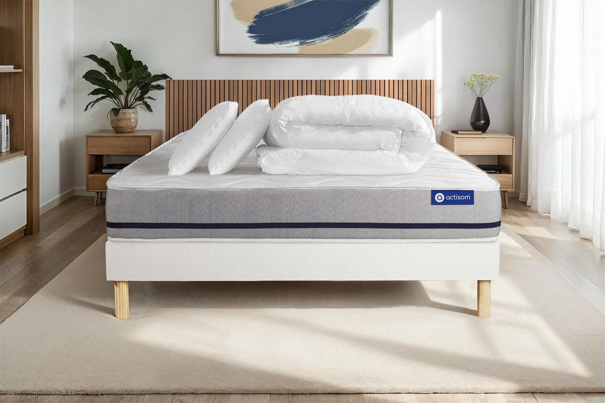 BETT Actiflex soft Taschenfederkern 200 x 200 cm h2 - Kit Bettgestell Weiß - Mit Kissen und Bettdecke - Beige/Weiß, Karton/Holz (200/200cm) - ACTISOM