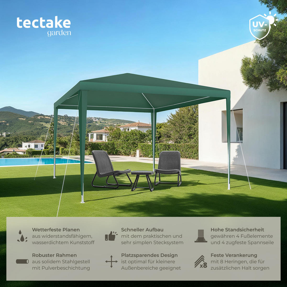 PAVILLON Farah,wasserdicht,grün - Grün, Kunststoff (300/250/300cm) - tectake