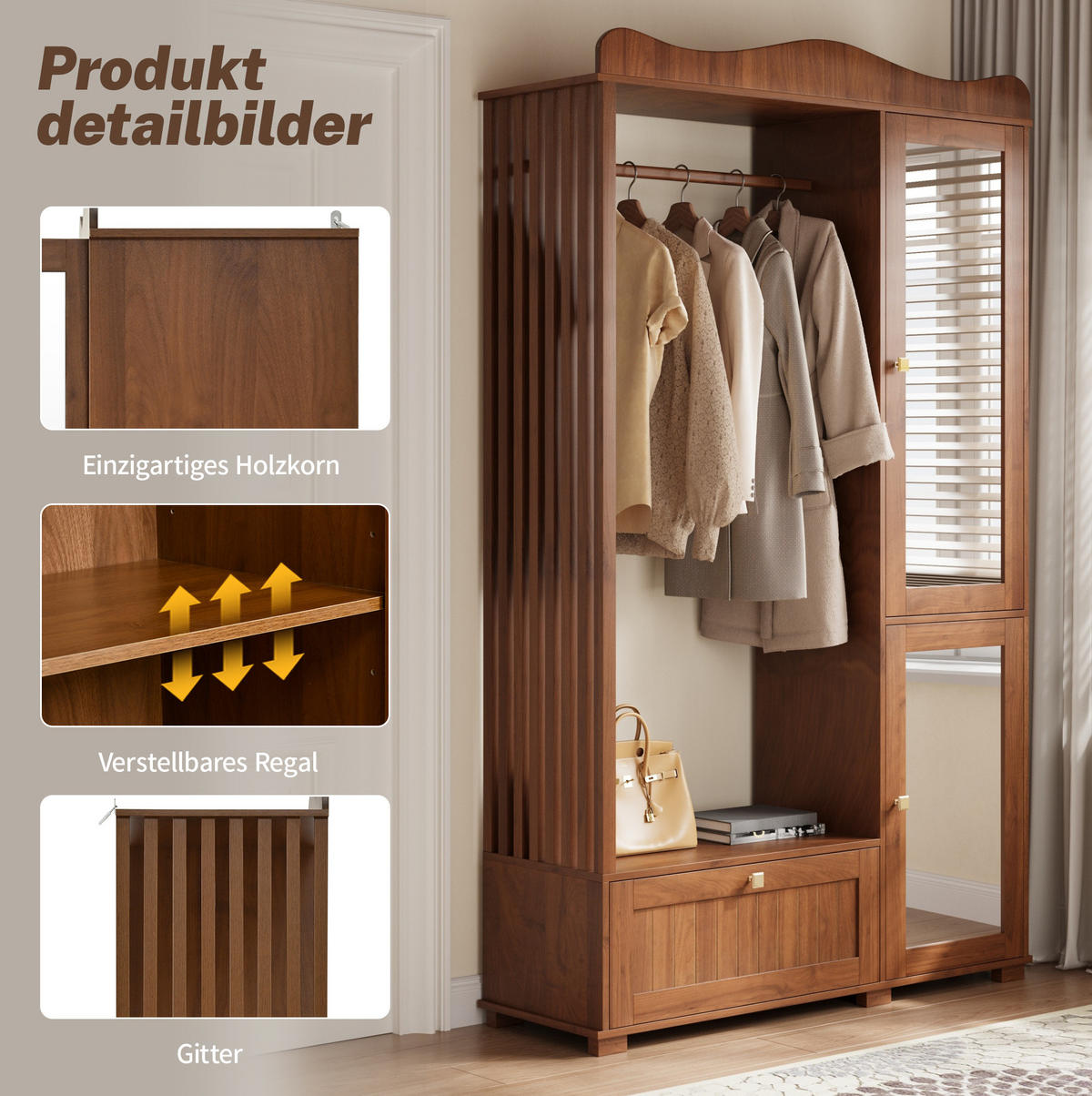 GARDEROBENSCHRANK 115,5/38,5/194,5 cm Nussbaum aus MDF mit Spiegel - Walnussfarben, Holzwerkstoff (115.5/194.5/38.5cm) - OKWISH