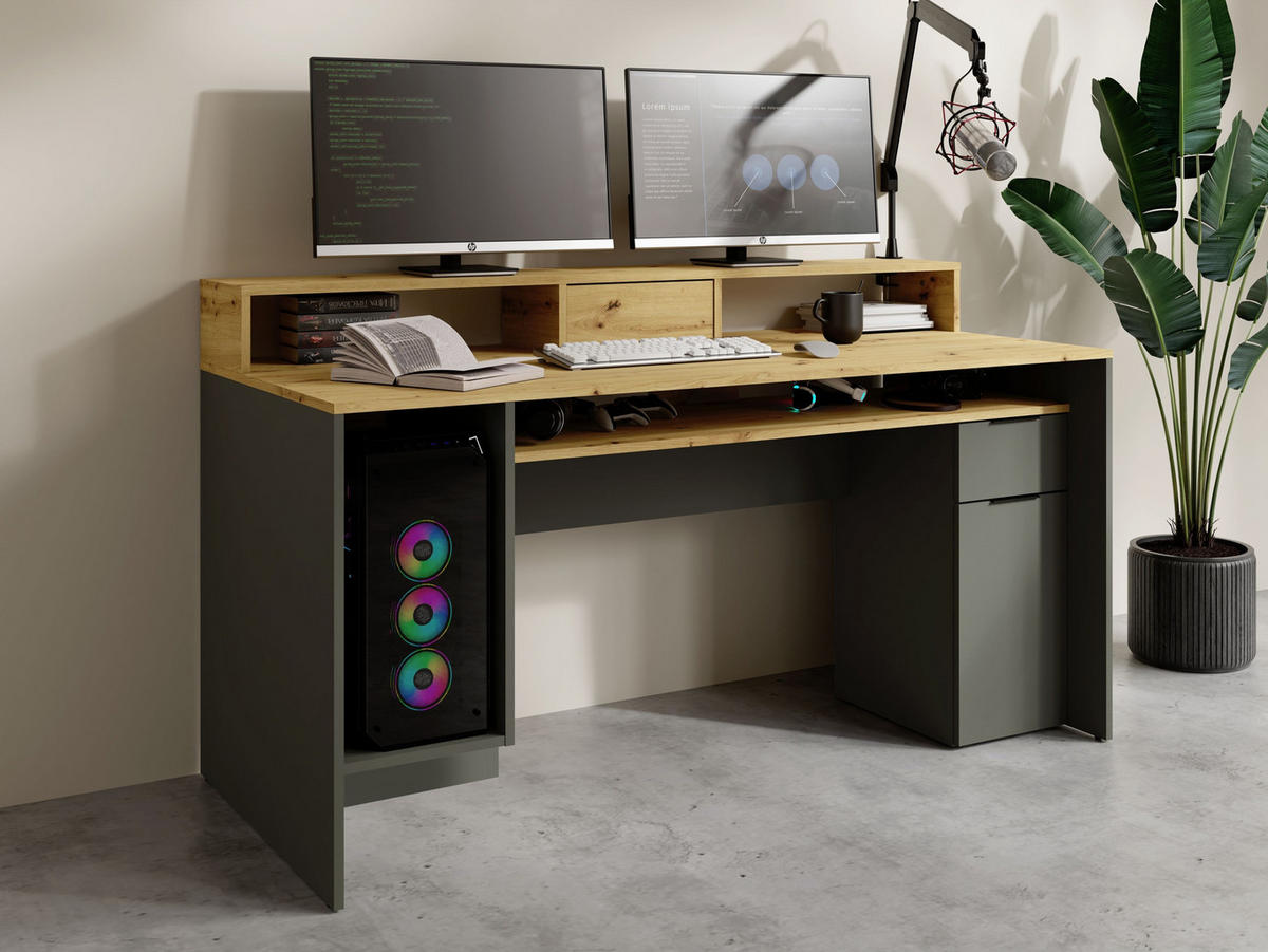 SCHREIBTISCH Graphit, Eiche Artisan 160/91,45/70 - Eiche Artisan, Holzwerkstoff (70/160/91cm) - RAUMHIRSCH FURNITURE