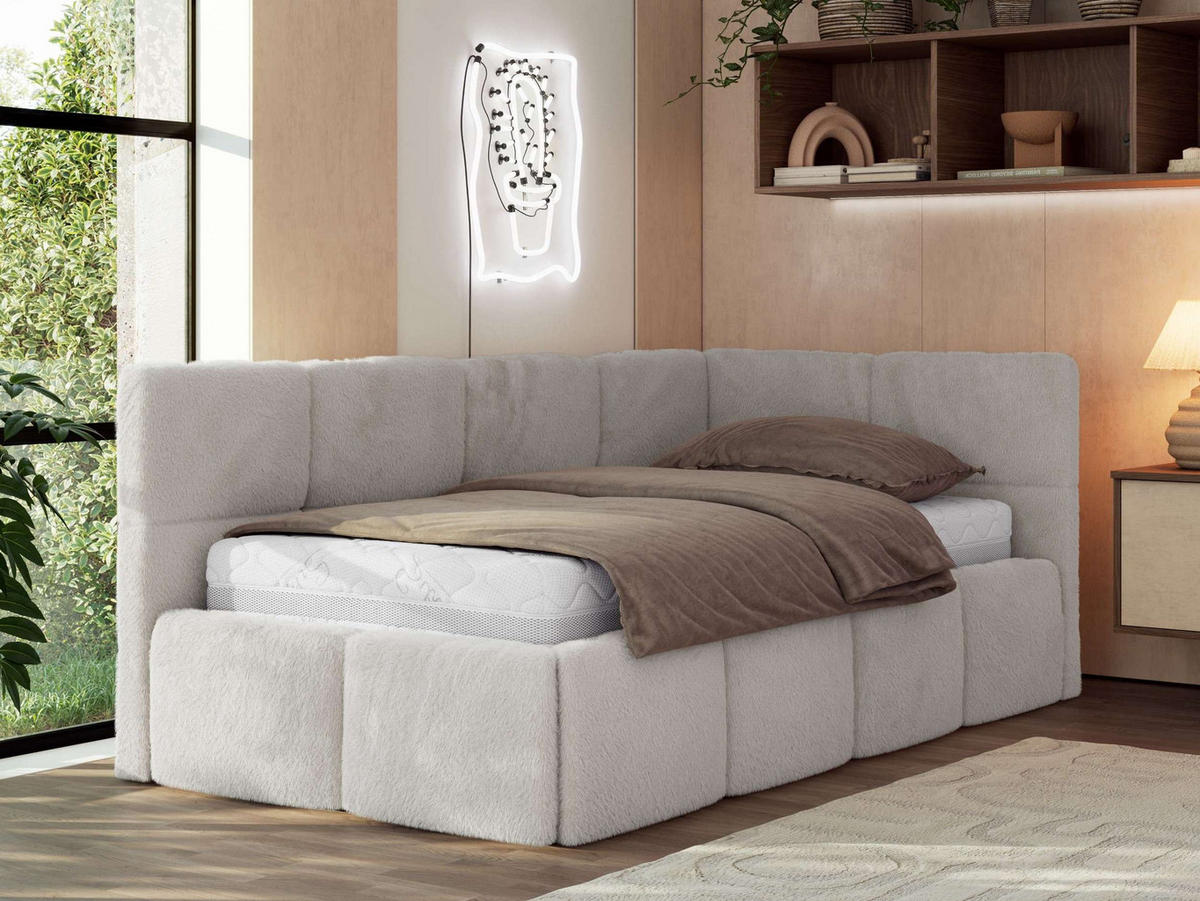 JUGENDBETT ARVO 90/200 - Hellgrau Plüsch - Foam-Matratze - Rechts Seite - Hellgrau, Textil (90/200cm) - MKS